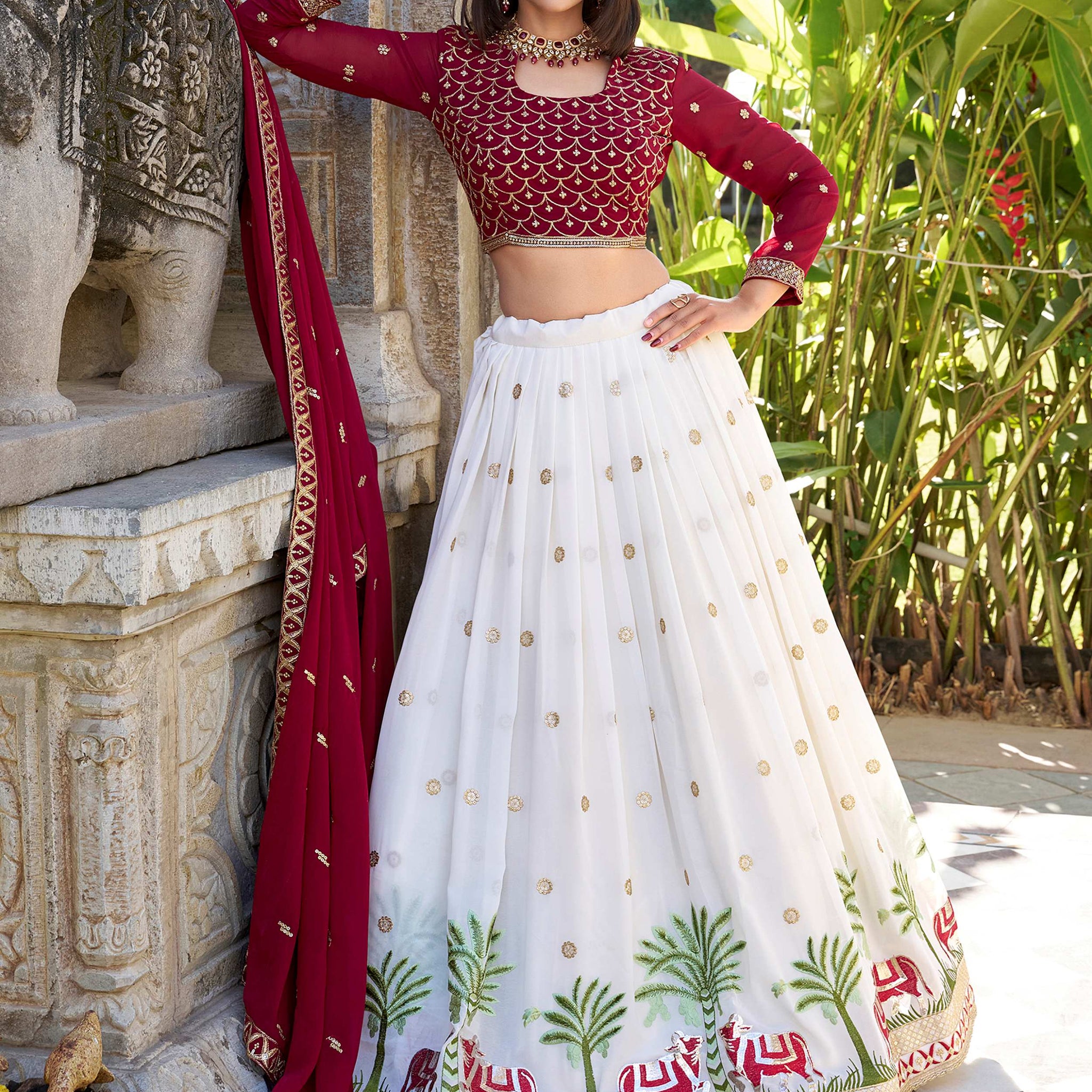 Wonderful White Thread Work Georgette Lehenga Choli With Dupatta