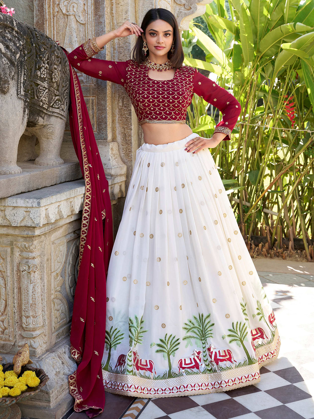 Wonderful White Thread Work Georgette Lehenga Choli With Dupatta