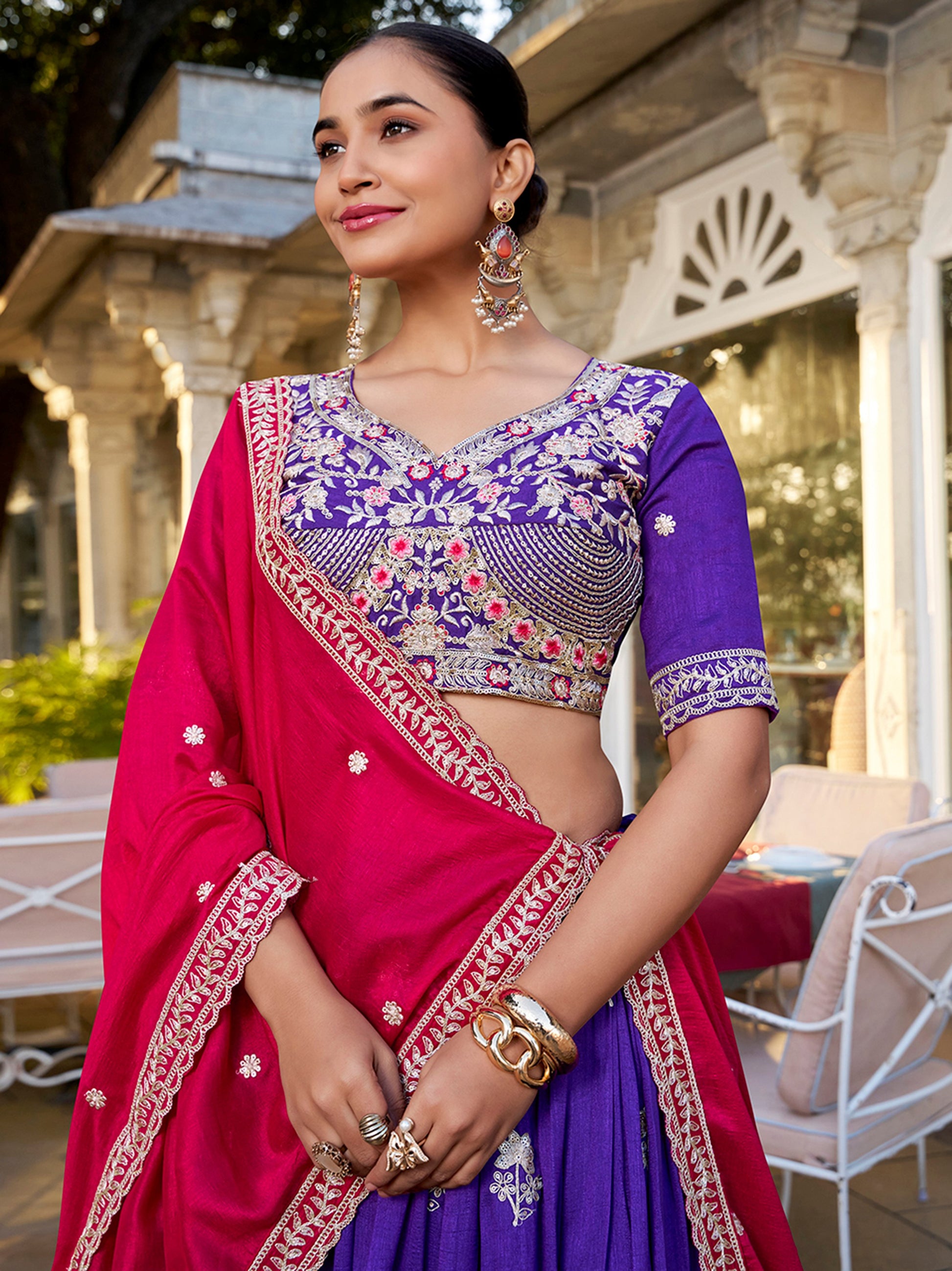 Royal Purple Thread Embroidered Silk Wedding Wear Lehenga Choli