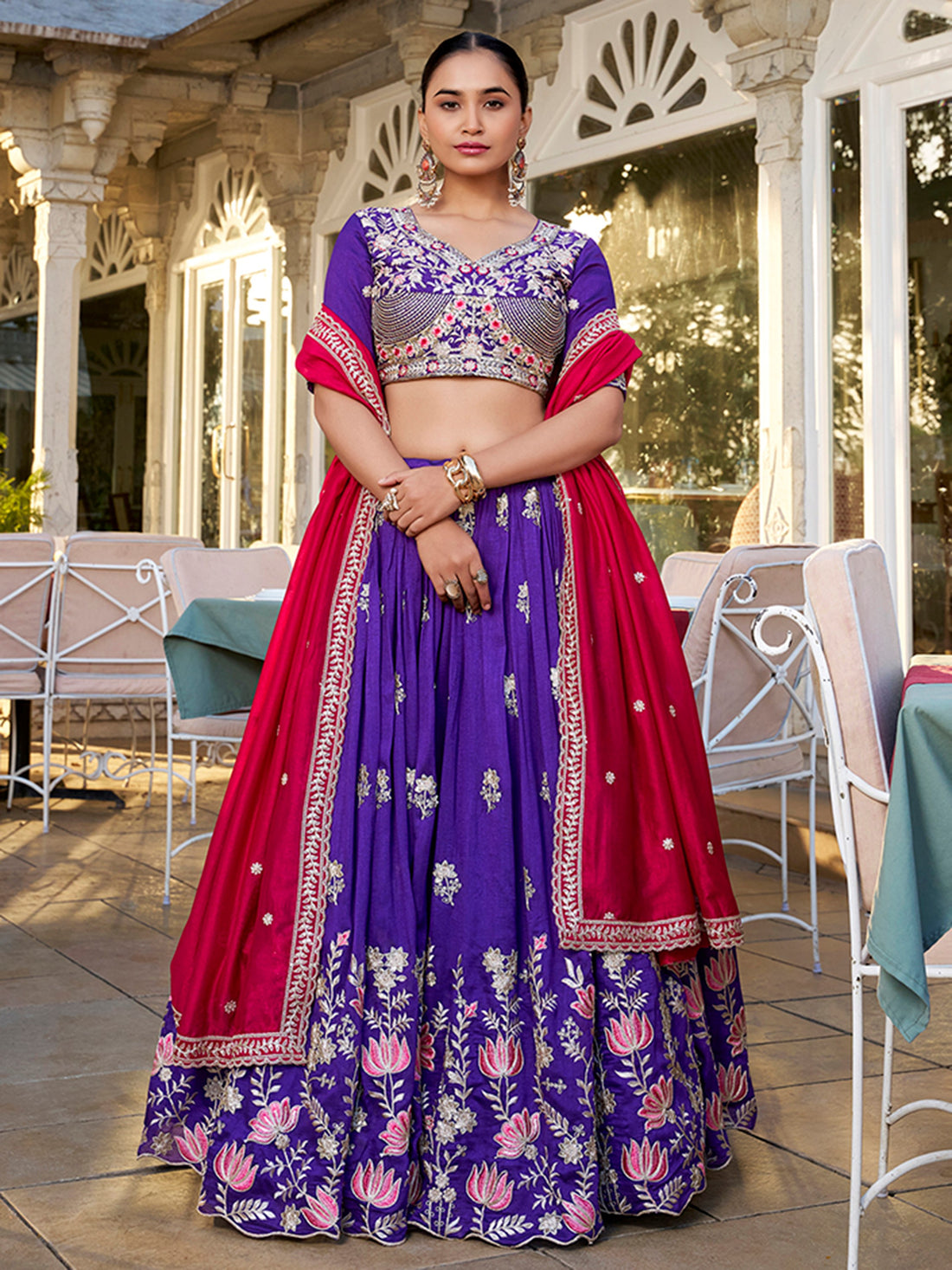 Royal Purple Thread Embroidered Silk Wedding Wear Lehenga Choli