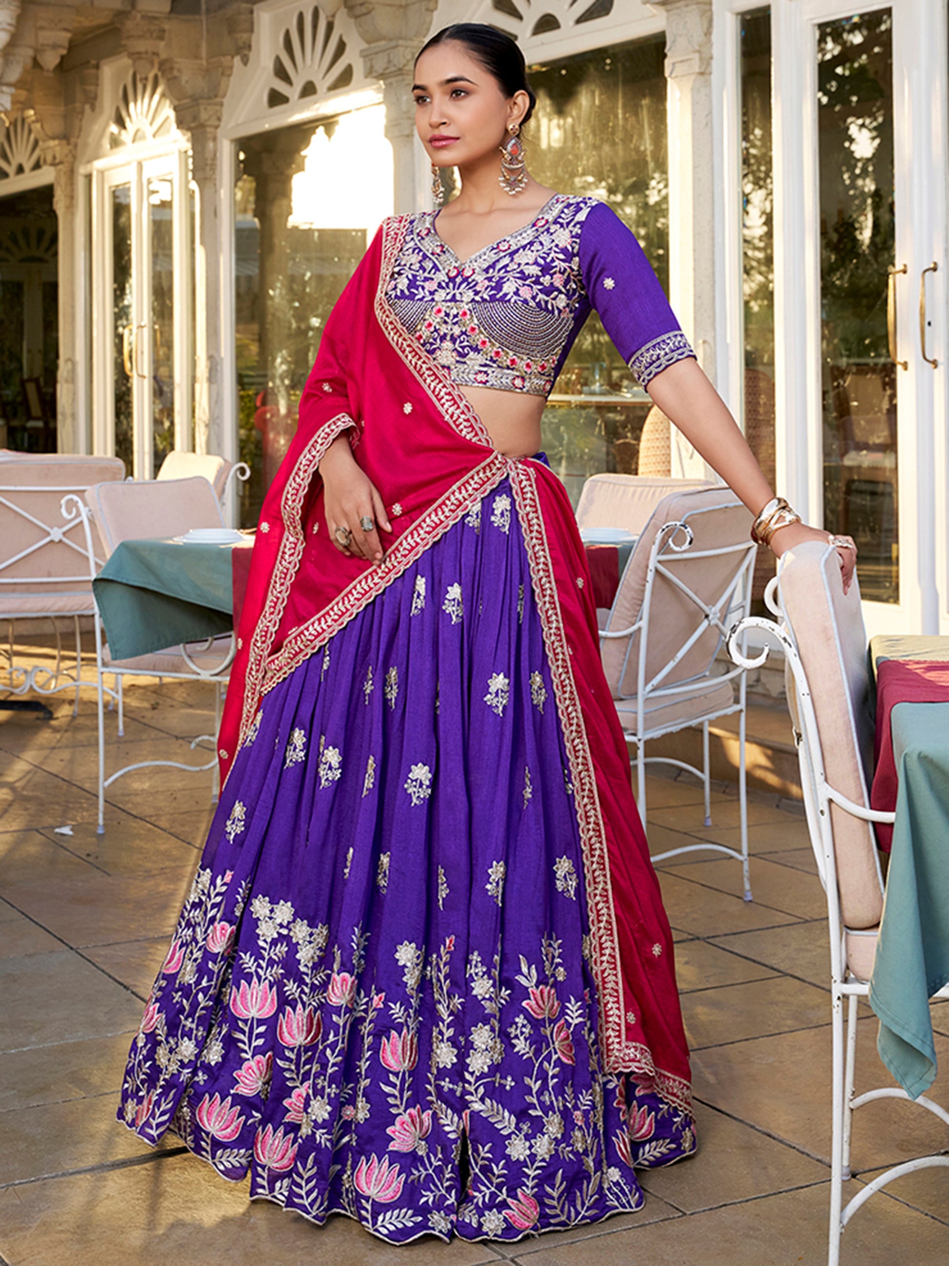 Royal Purple Thread Embroidered Silk Wedding Wear Lehenga Choli
