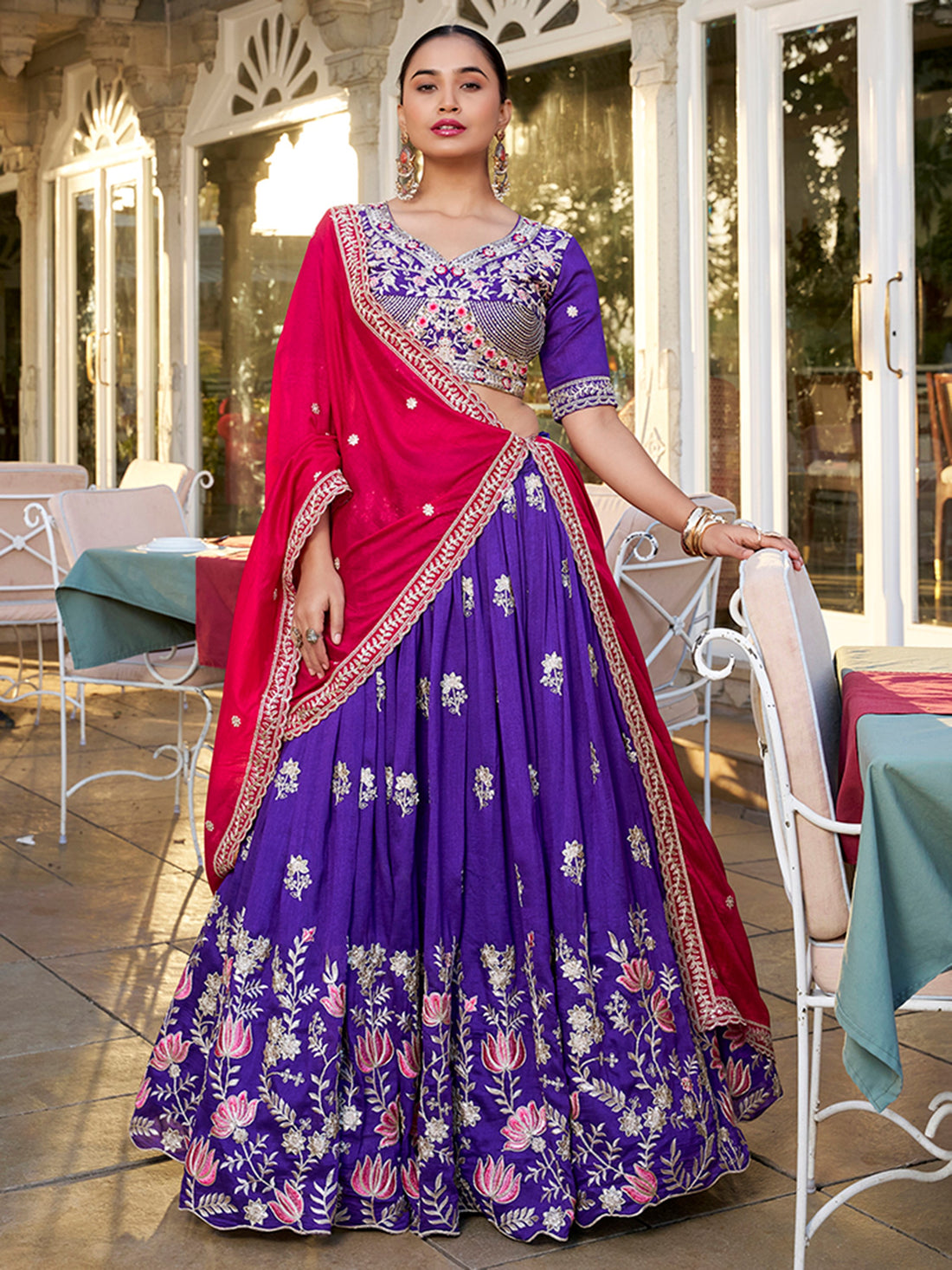 Royal Purple Thread Embroidered Silk Wedding Wear Lehenga Choli