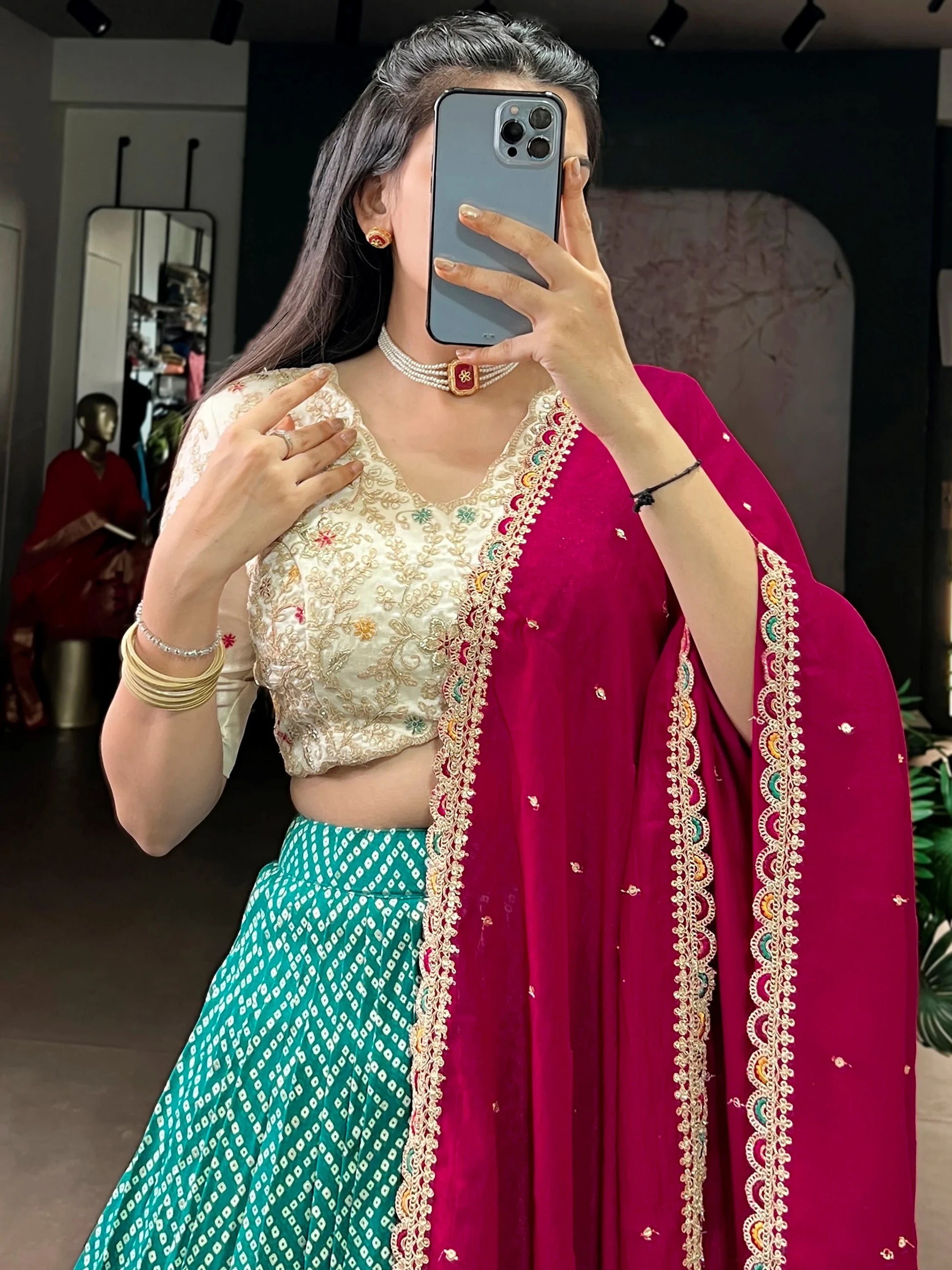 Pretty Bottle Green Ajarakh Print Rayon Mehendi Wear Lehenga With Blouse