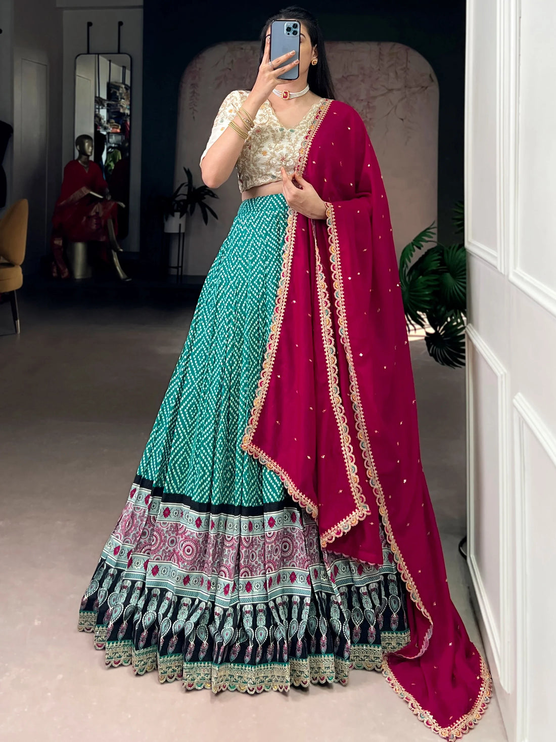 Pretty Bottle Green Ajarakh Print Rayon Mehendi Wear Lehenga With Blouse