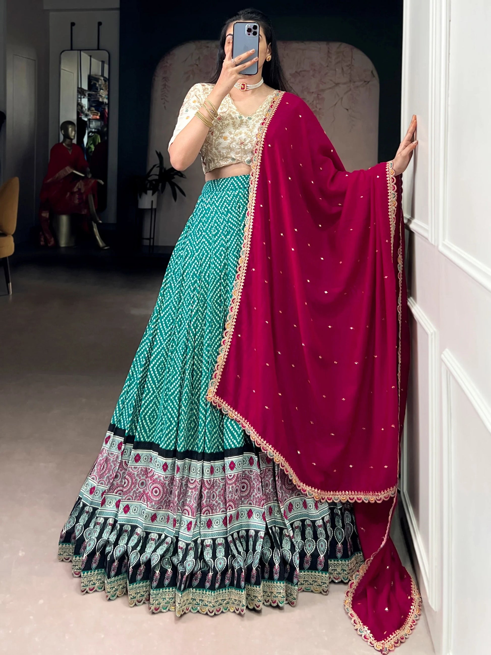 Pretty Bottle Green Ajarakh Print Rayon Mehendi Wear Lehenga With Blouse