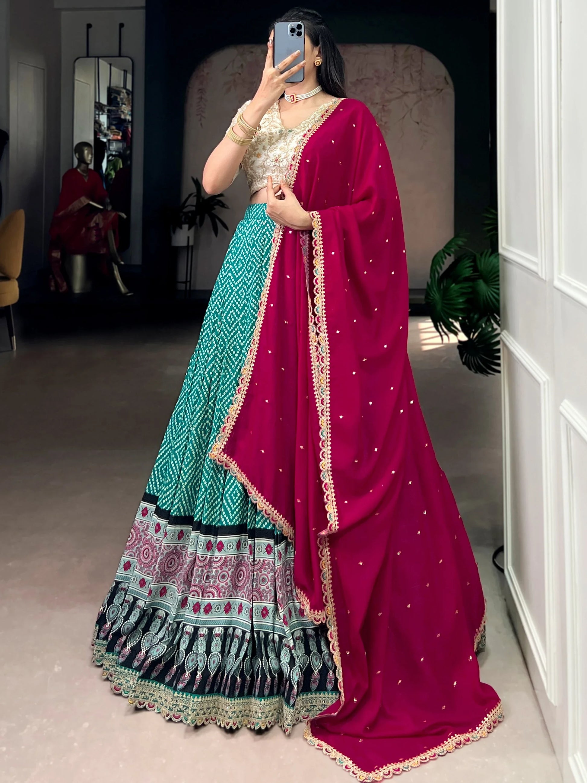 Pretty Bottle Green Ajarakh Print Rayon Mehendi Wear Lehenga With Blouse