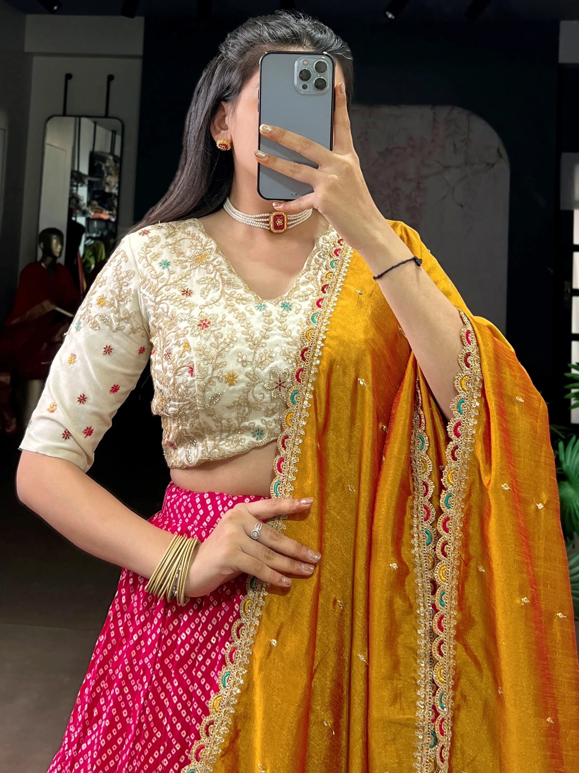 Regal Pink Bandhej Print Rayon Festive Wear Lehenga With Blouse