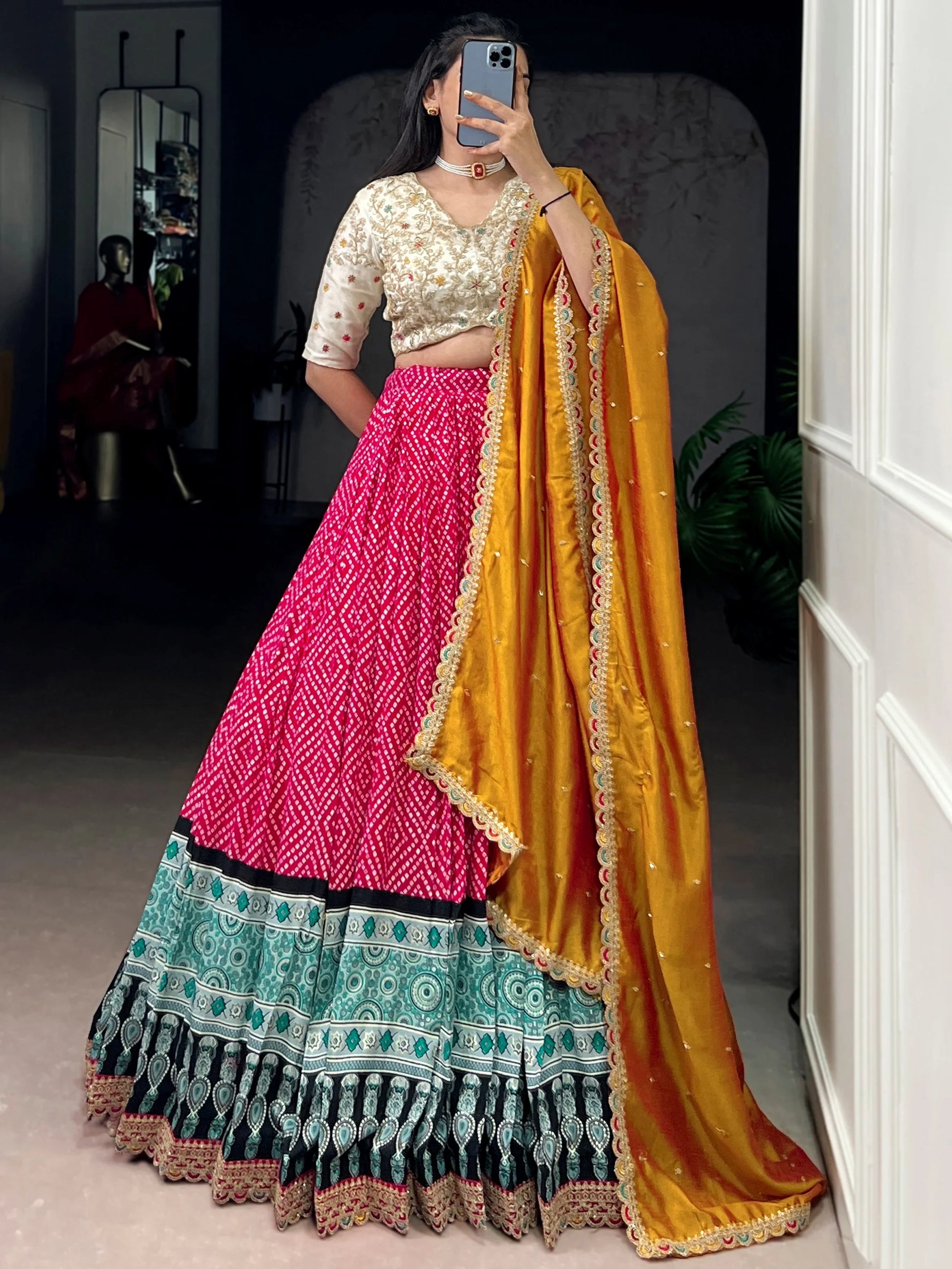 Regal Pink Bandhej Print Rayon Festive Wear Lehenga With Blouse