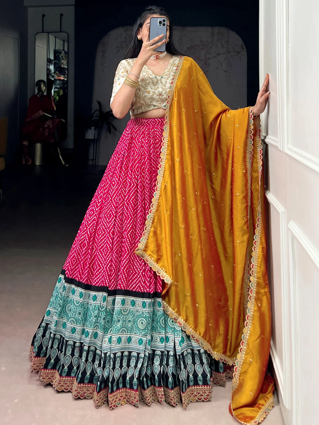 Regal Pink Bandhej Print Rayon Festive Wear Lehenga With Blouse