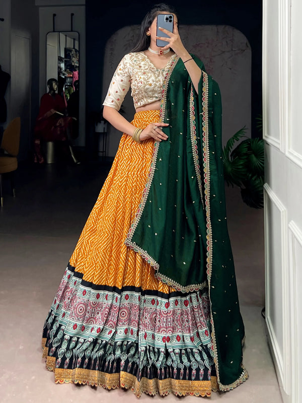 Captivating Yellow Bandhej Print Rayon Festive Wear Lehenga Choli