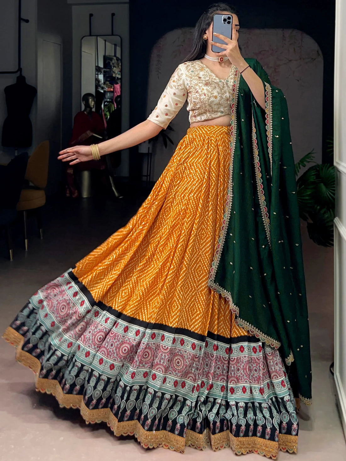 Captivating Yellow Bandhej Print Rayon Festive Wear Lehenga Choli
