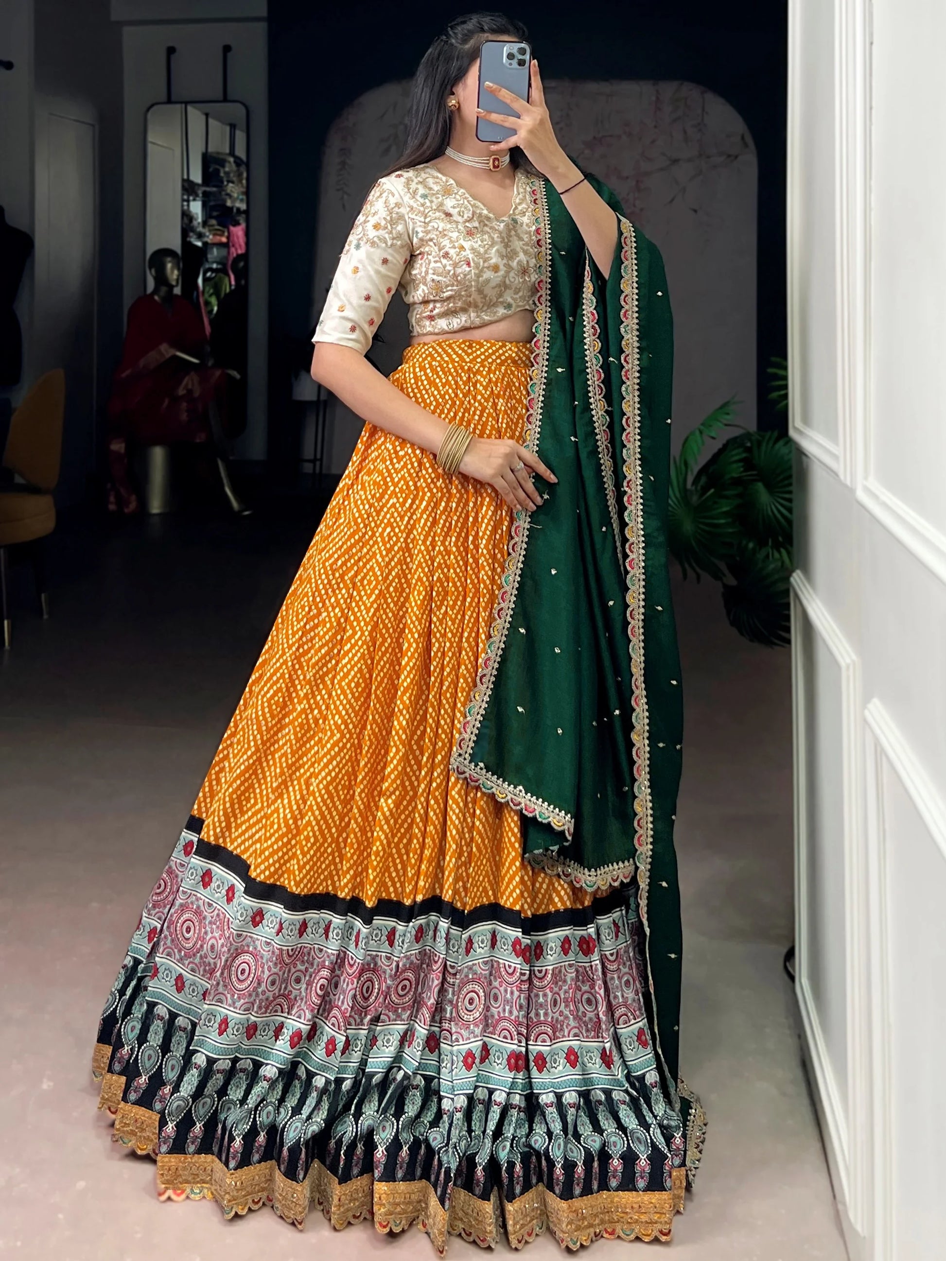 Captivating Yellow Bandhej Print Rayon Festive Wear Lehenga Choli