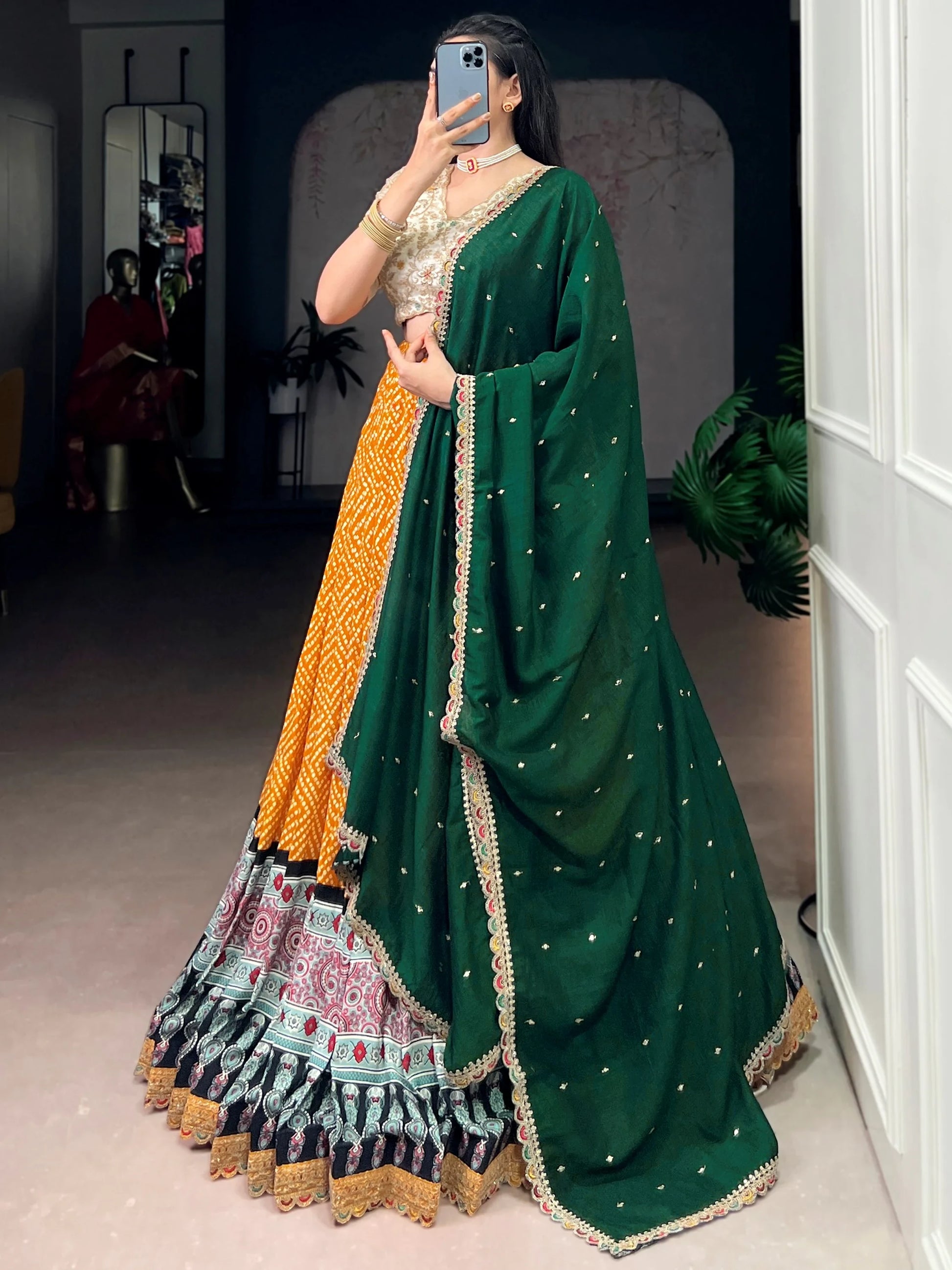 Captivating Yellow Bandhej Print Rayon Festive Wear Lehenga Choli