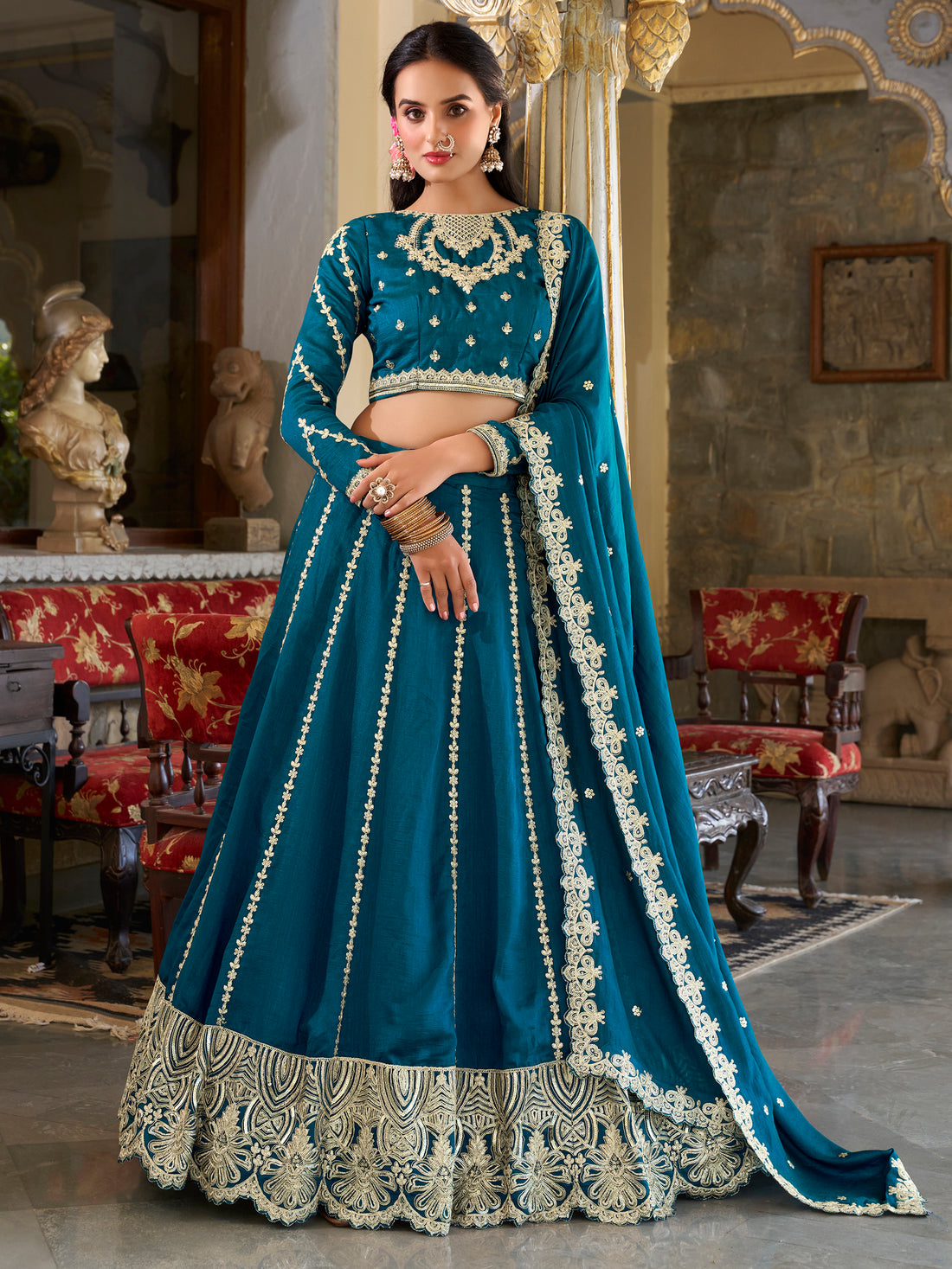 Incredible Blue Thread Embroidered Silk Wedding Lehenga Choli