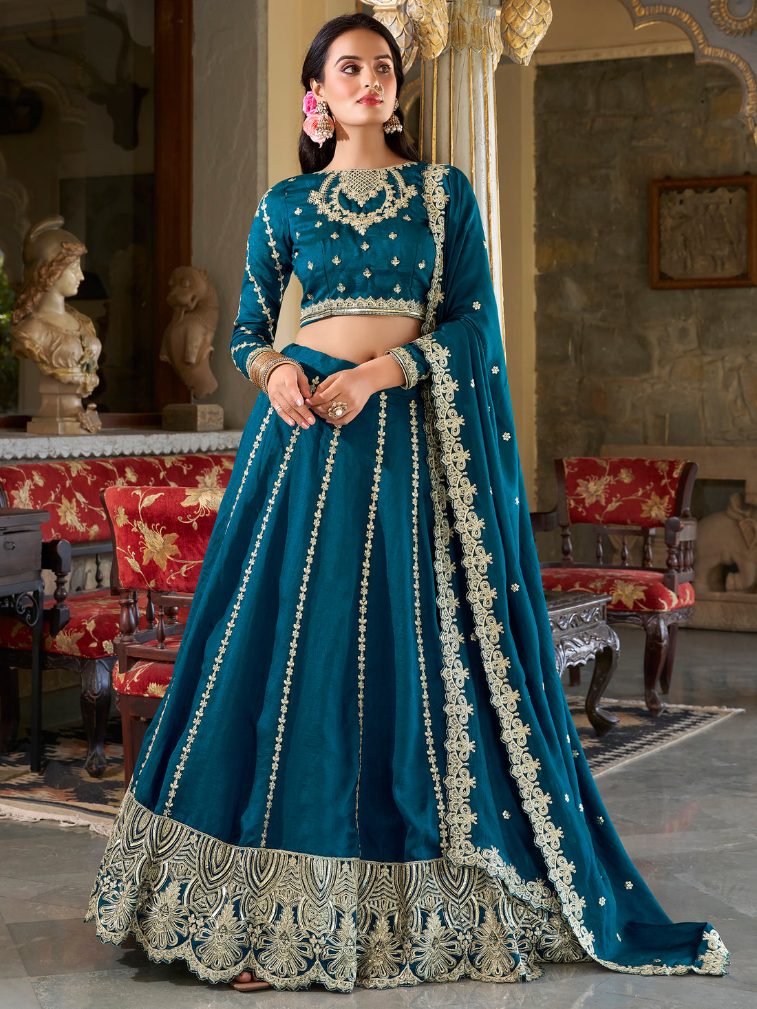 Incredible Blue Thread Embroidered Silk Wedding Lehenga Choli