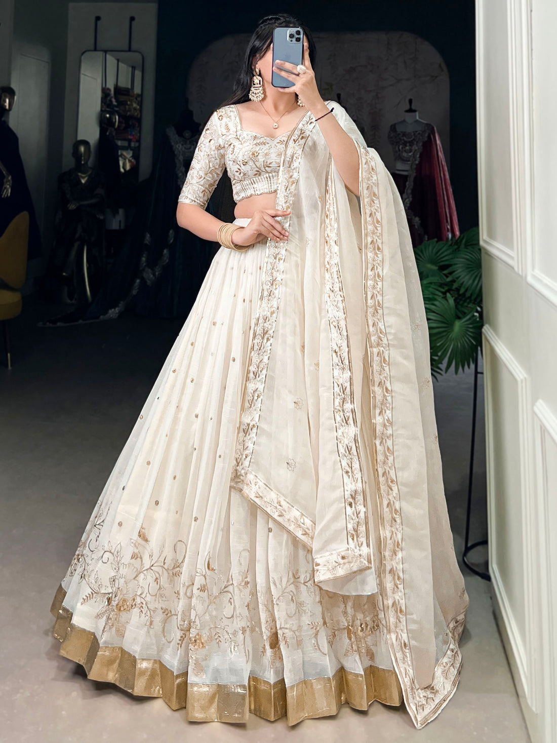 Enchanting Off-White Foil Work Silk Festive Wear Lehenga Choli With Dupatta