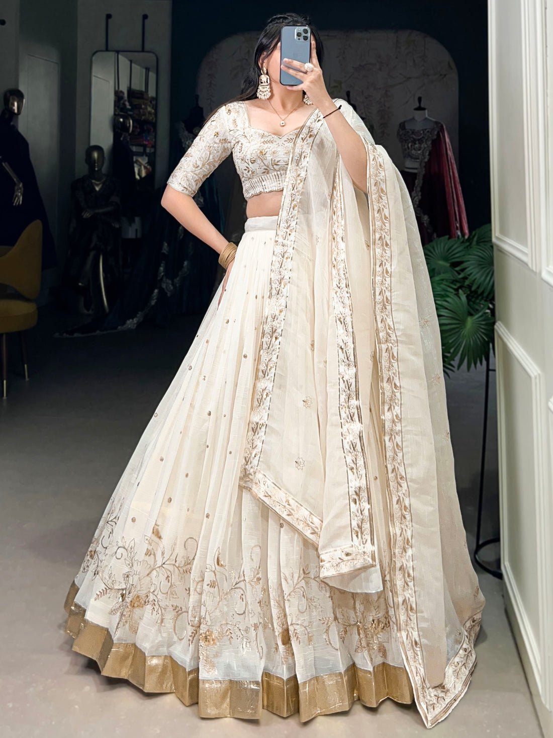 Enchanting Off-White Foil Work Silk Festive Wear Lehenga Choli With Dupatta