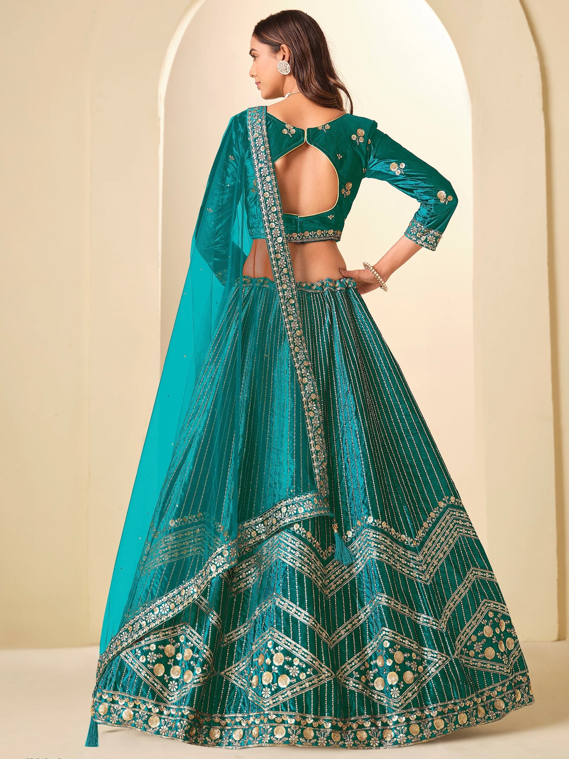 Precious Teal Green Sequins Work Velvet Bridesmaid Wear Lehenga Choli With Dupatta