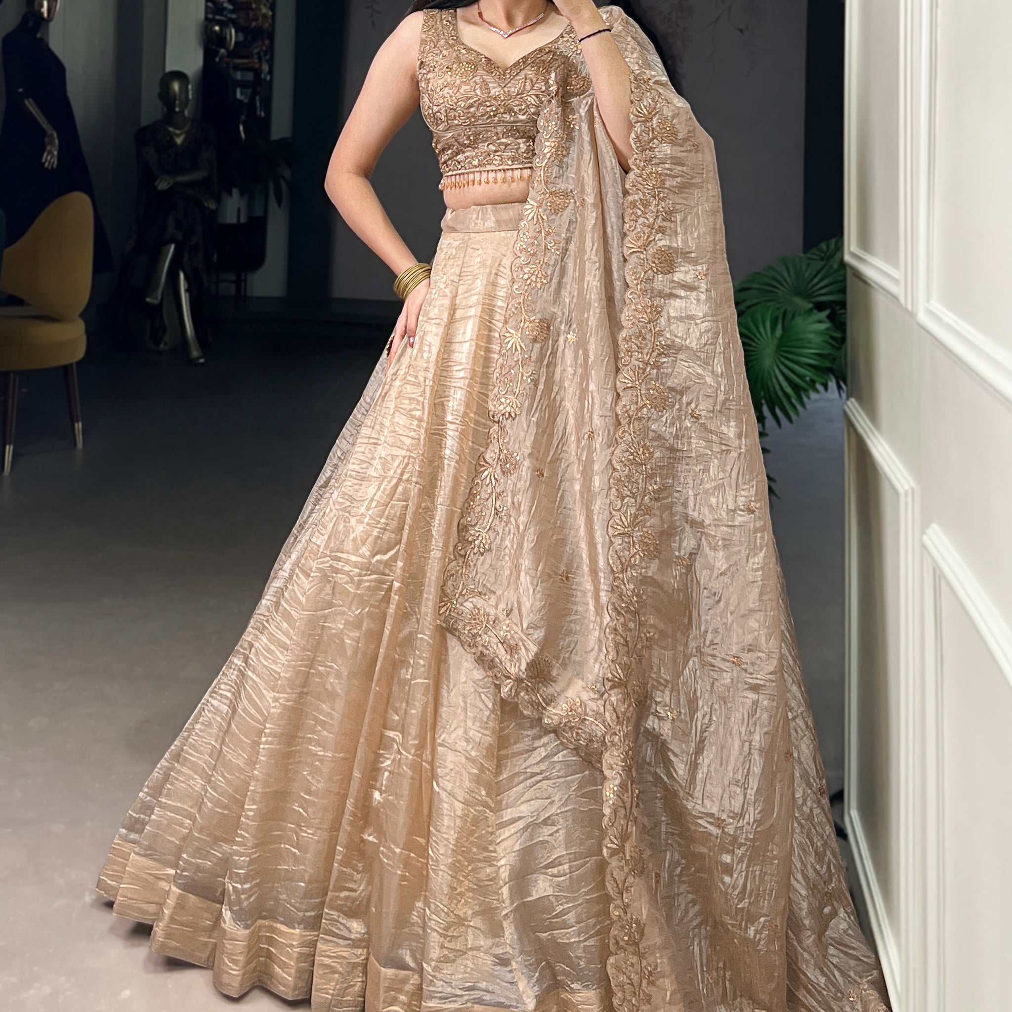 Astonishing Brown Organza Traditional Lehenga Choli With Dupatta