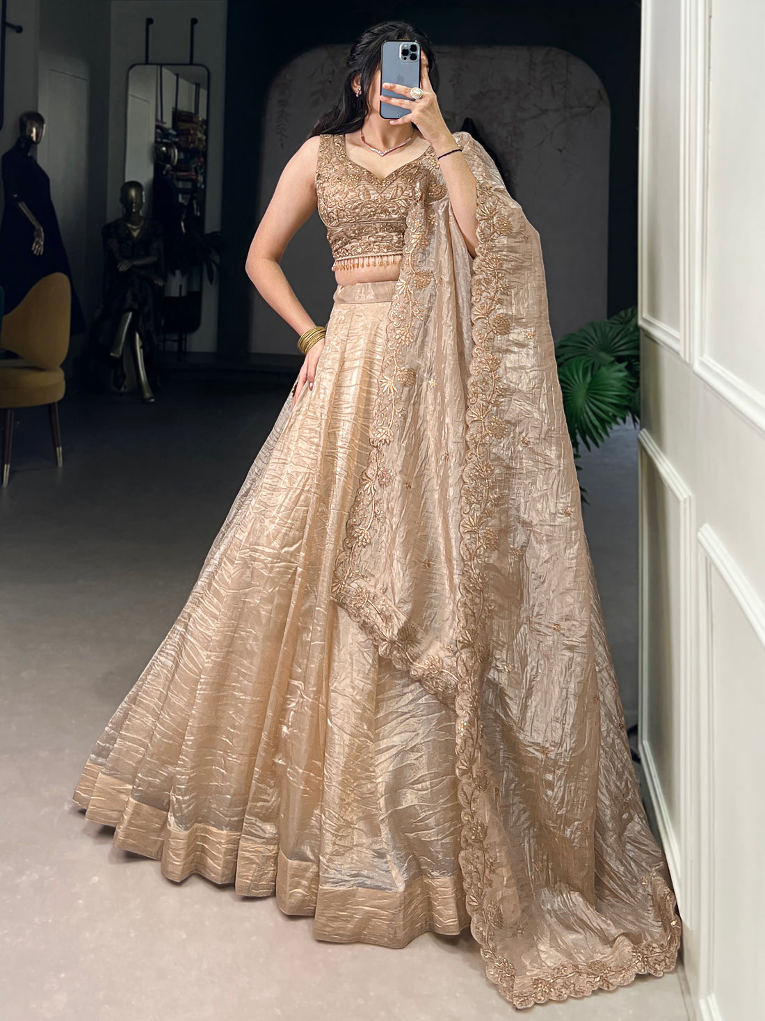 Astonishing Brown Organza Traditional Lehenga Choli With Dupatta