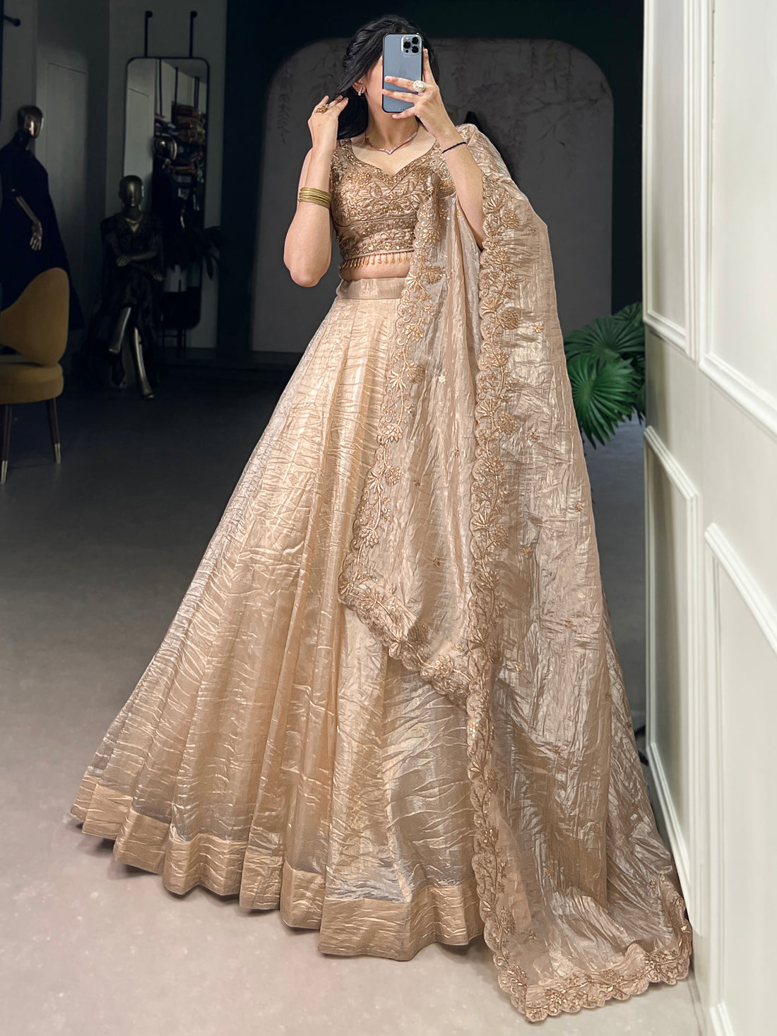 Astonishing Brown Organza Traditional Lehenga Choli With Dupatta
