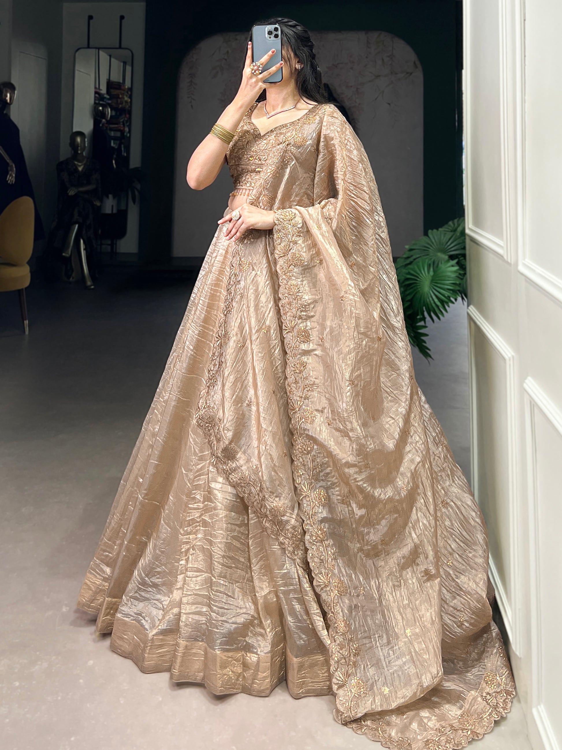 Astonishing Brown Organza Traditional Lehenga Choli With Dupatta