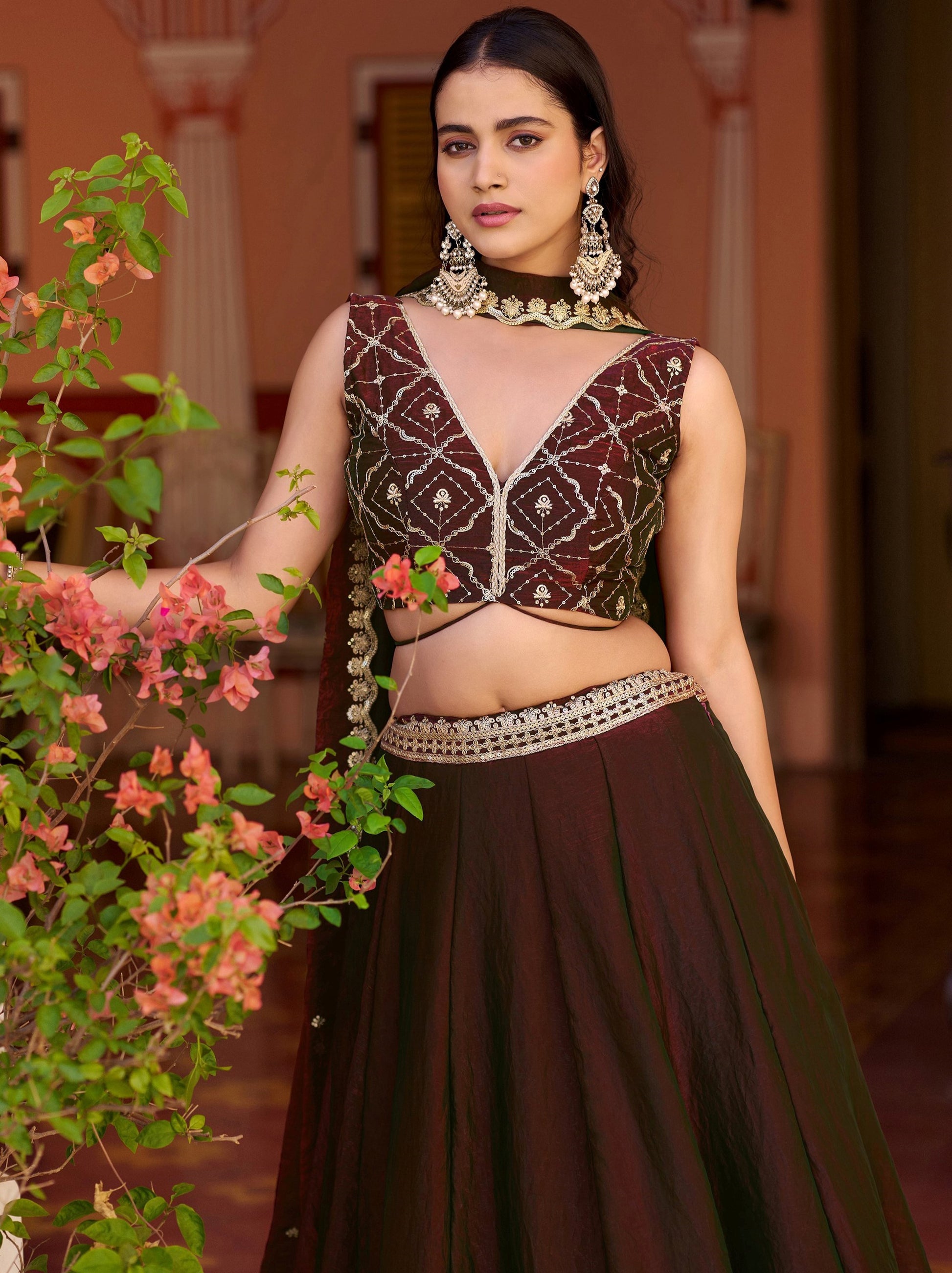Stunning Marron Embroidery Silk Festival Wear Lehenga Choli with Dupatta