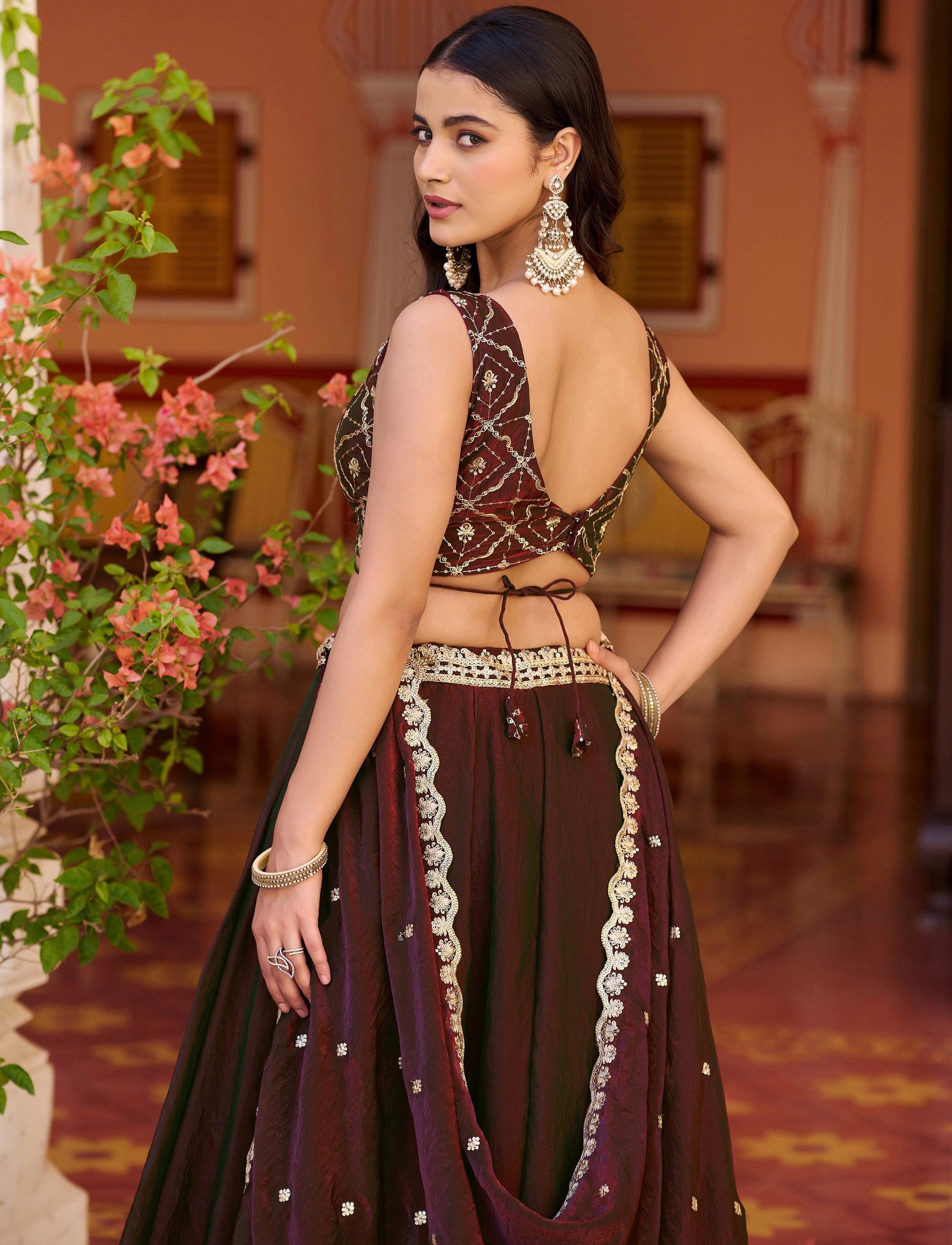 Stunning Marron Embroidery Silk Festival Wear Lehenga Choli with Dupatta