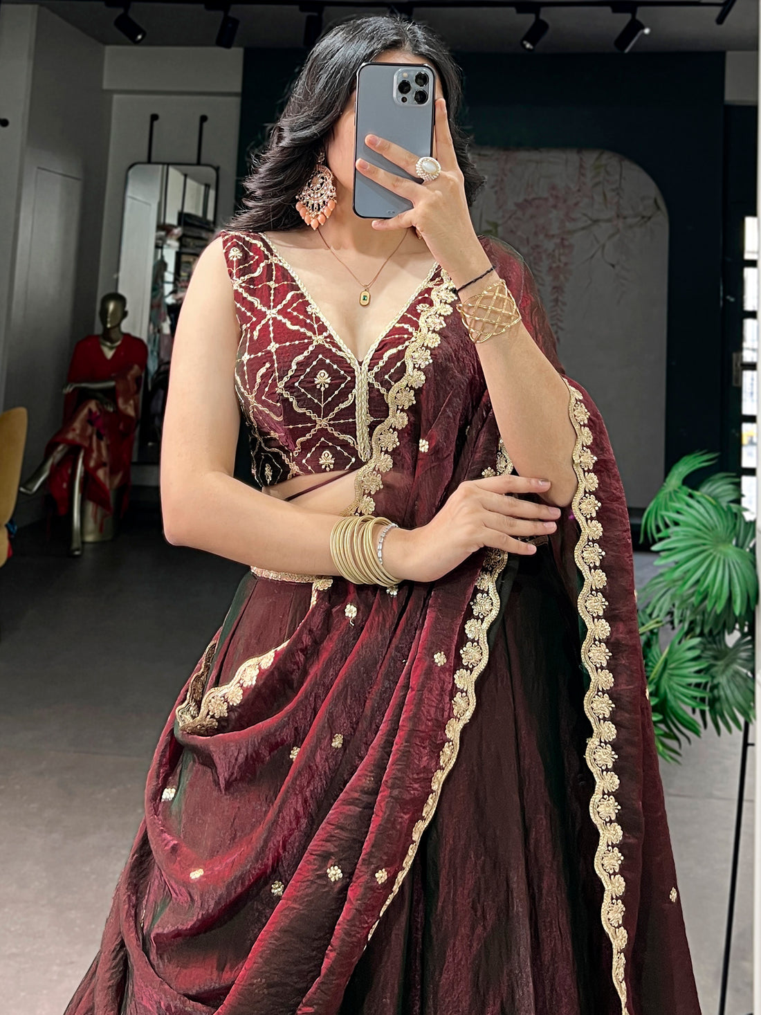 Amazing Marron Sequins Silk Wedding Lehenga Choli with Dupatta