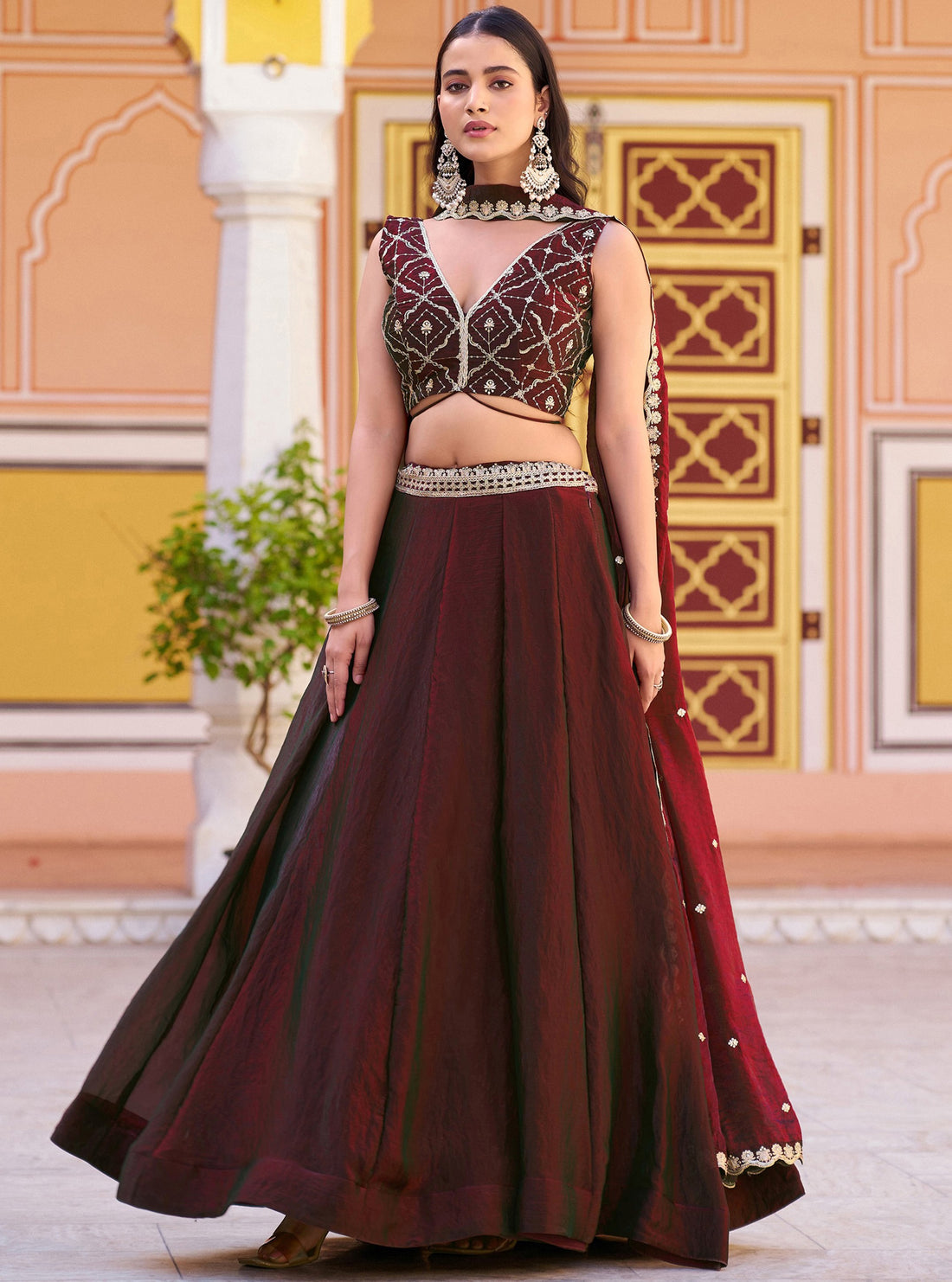 Stunning Marron Embroidery Silk Festival Wear Lehenga Choli with Dupatta