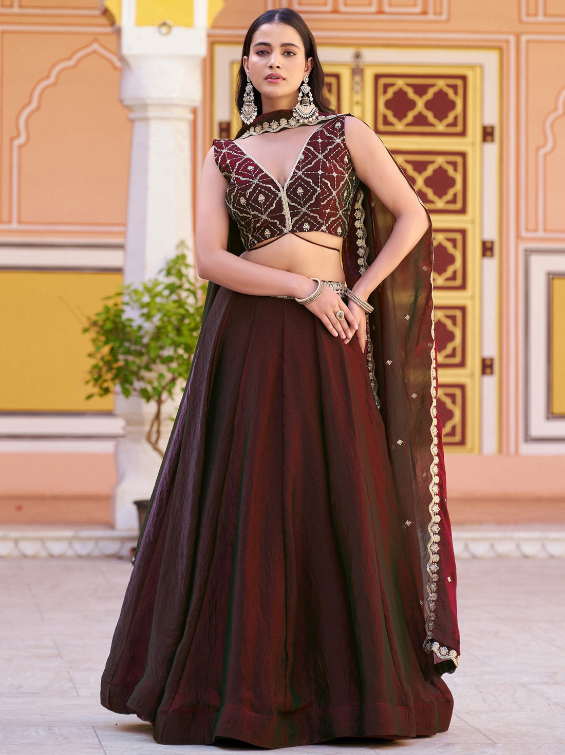 Stunning Marron Embroidery Silk Festival Wear Lehenga Choli with Dupatta