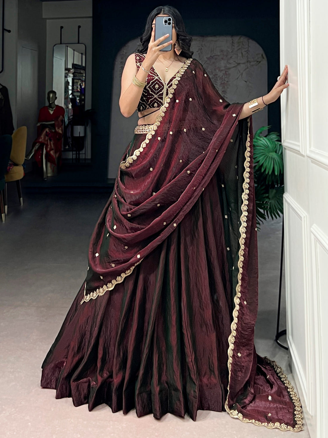 Amazing Maroon Sequins Silk Wedding Lehenga Choli With Dupatta