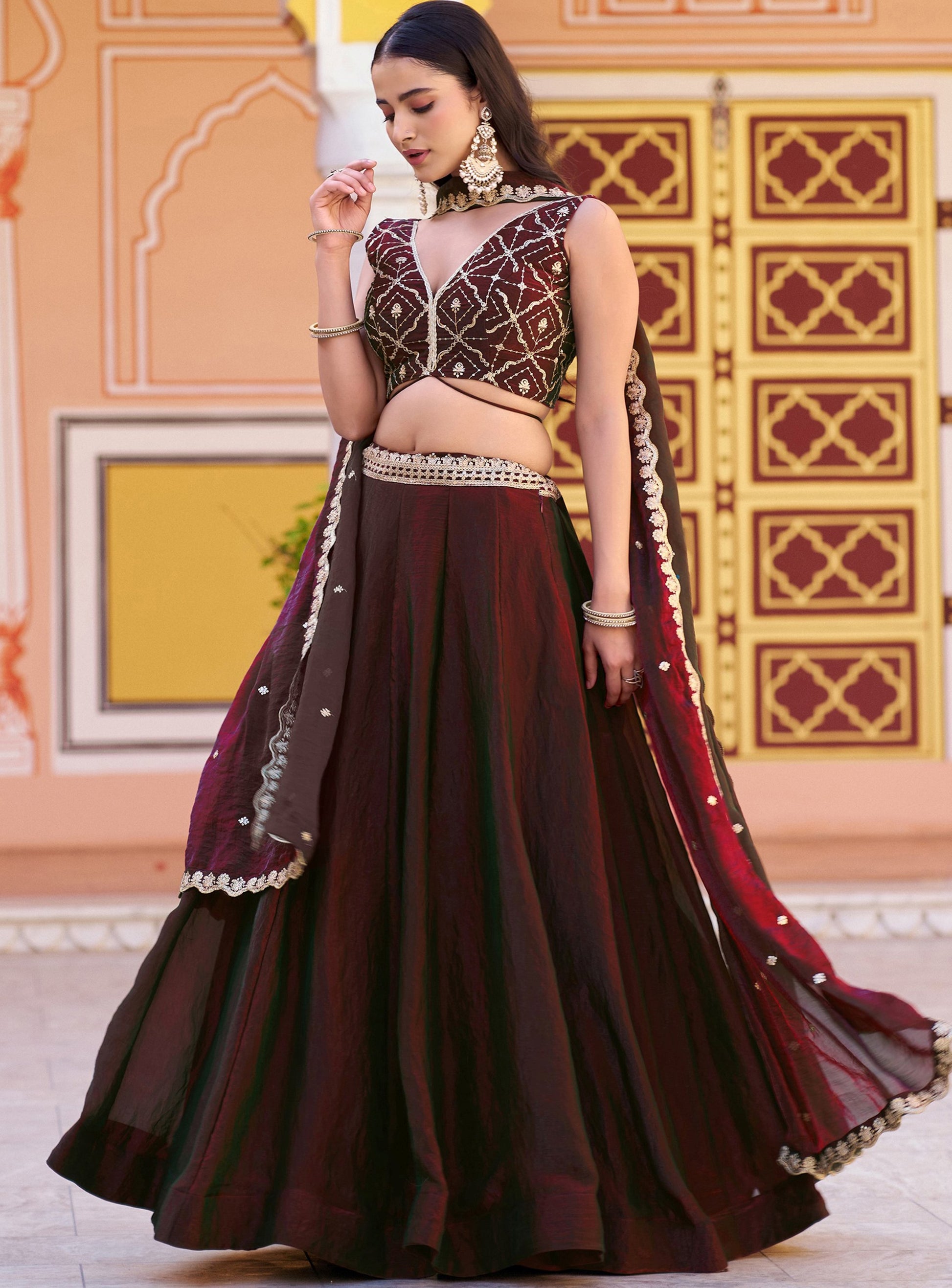 Stunning Marron Embroidery Silk Festival Wear Lehenga Choli with Dupatta
