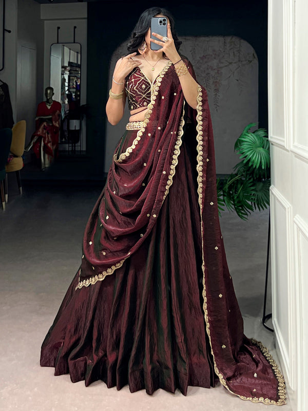 Amazing Maroon Sequins Silk Wedding Lehenga Choli With Dupatta