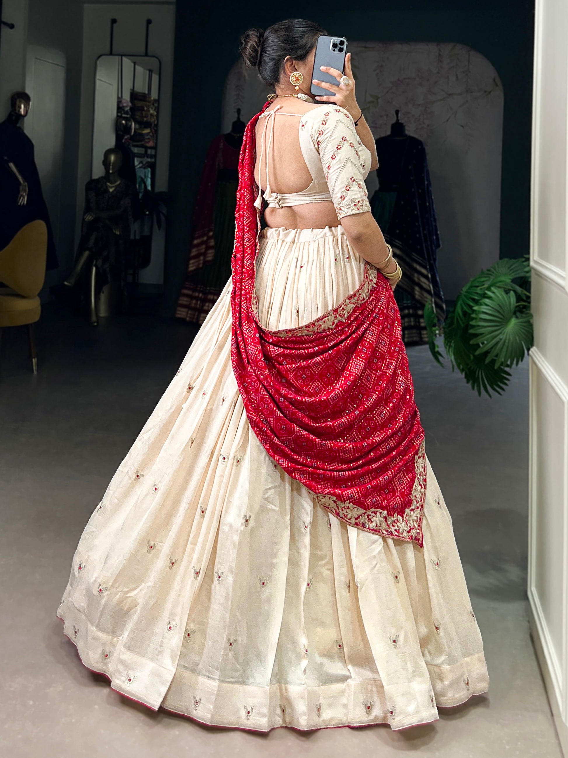 Beautiful Off-White Silk Wedding Lehenga Choli With Bandhani Dupatta