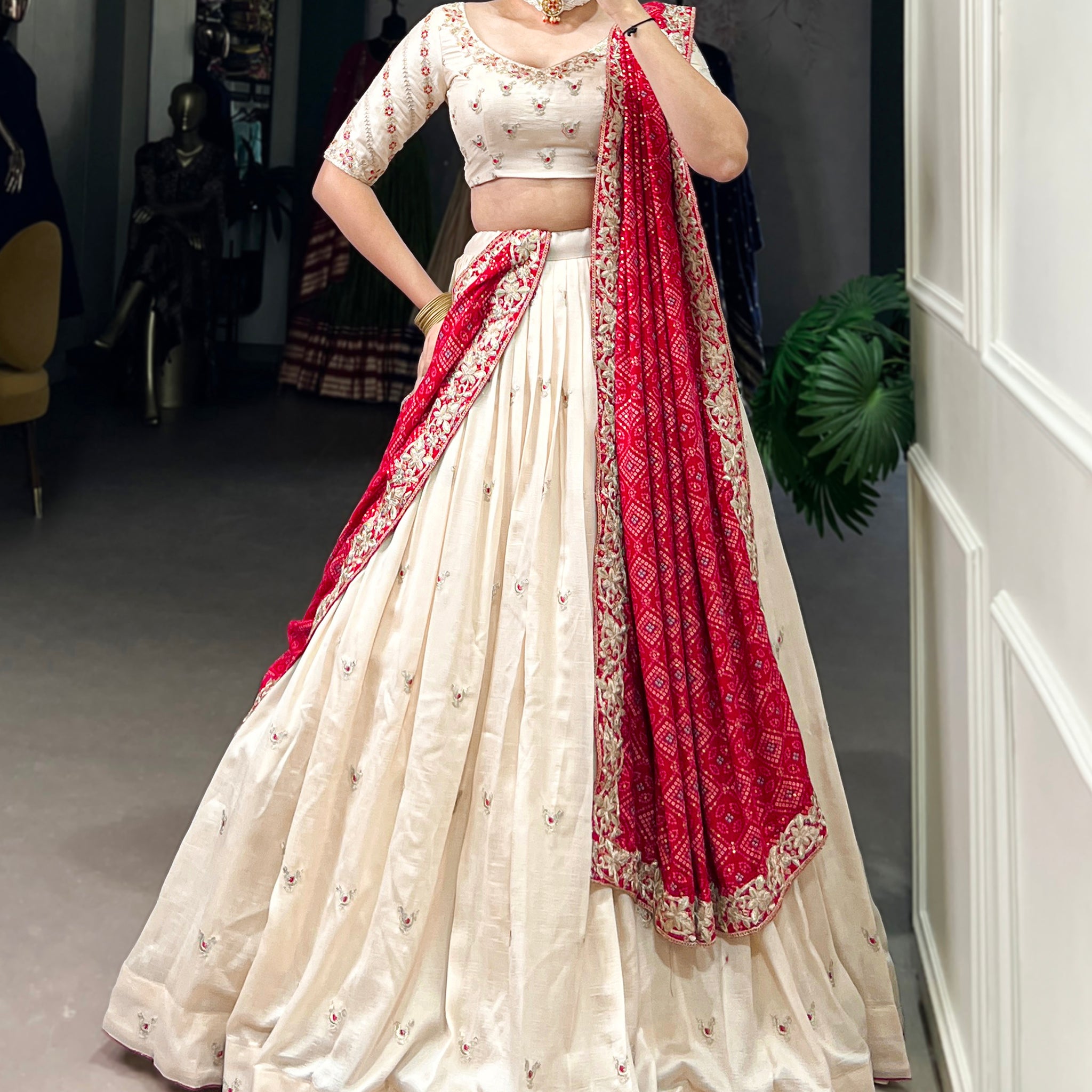 Beautiful Off-White Silk Wedding Lehenga Choli With Bandhani Dupatta