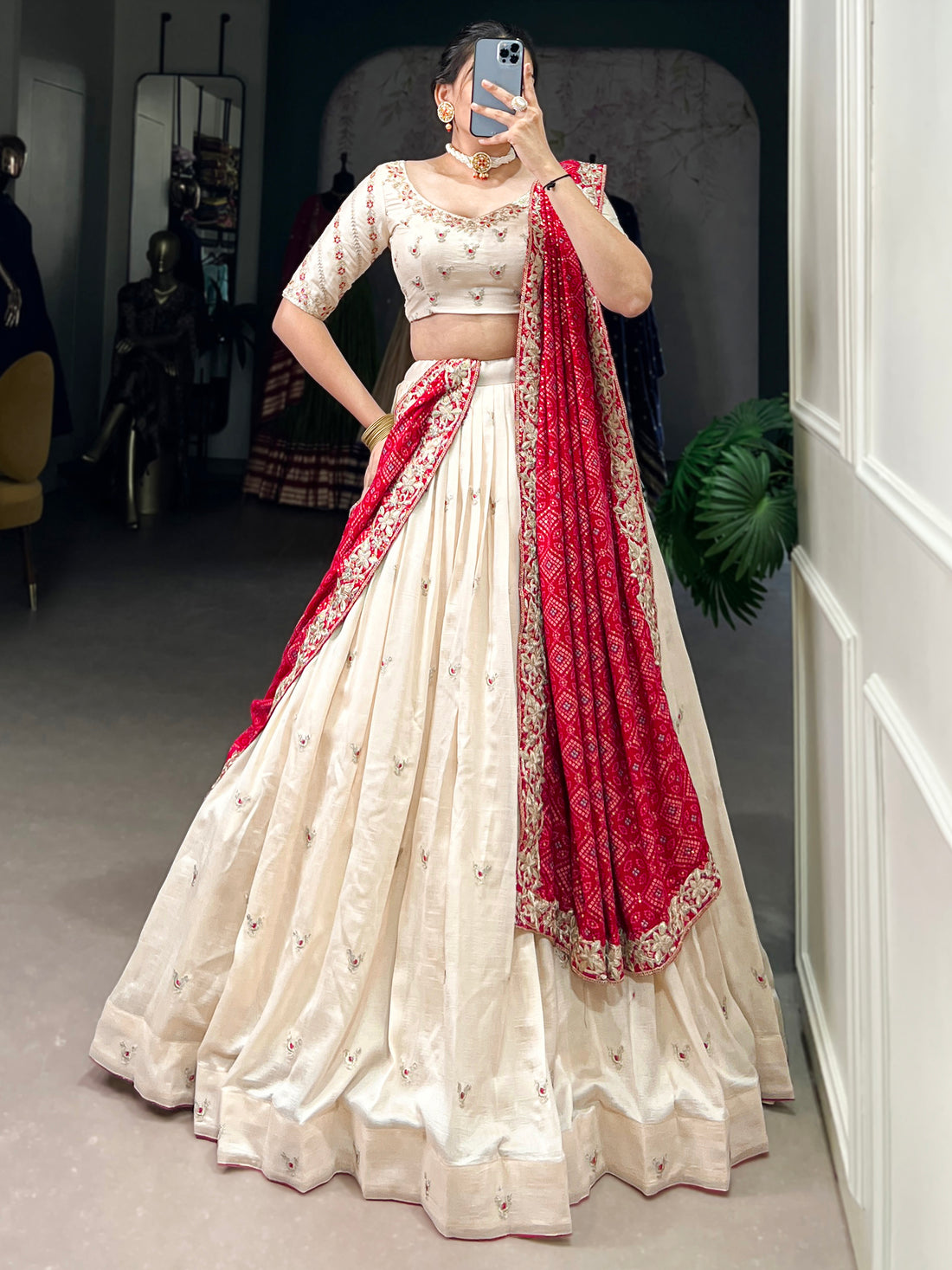 Beautiful Off-White Silk Wedding Lehenga Choli With Bandhani Dupatta