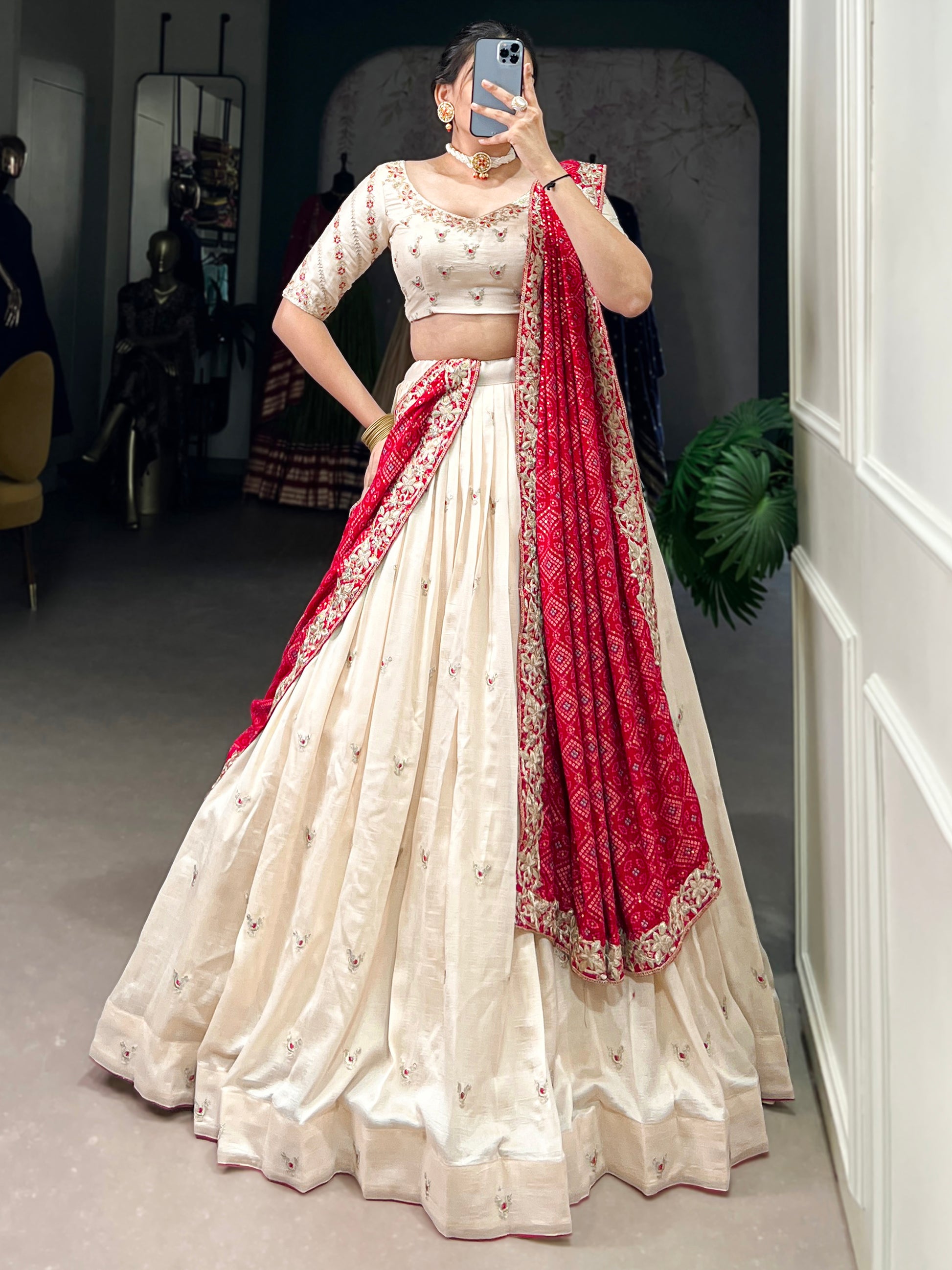 Beautiful Off-White Silk Wedding Lehenga Choli With Bandhani Dupatta