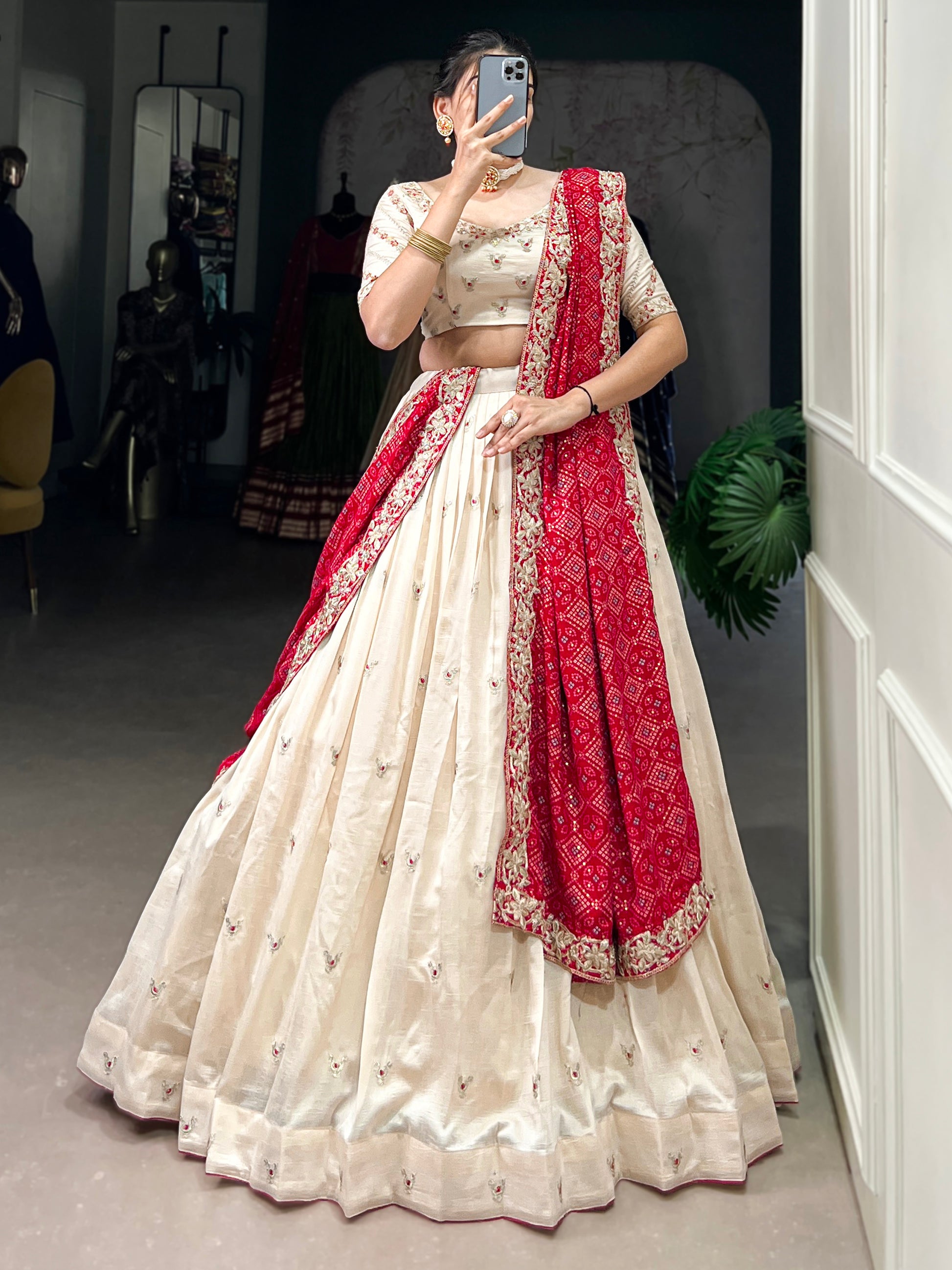 Beautiful Off-White Silk Wedding Lehenga Choli With Bandhani Dupatta