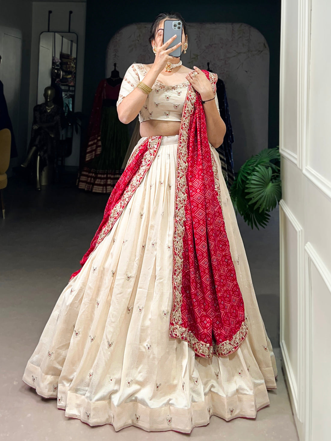 Beautiful Off-White Silk Wedding Lehenga Choli With Bandhani Dupatta