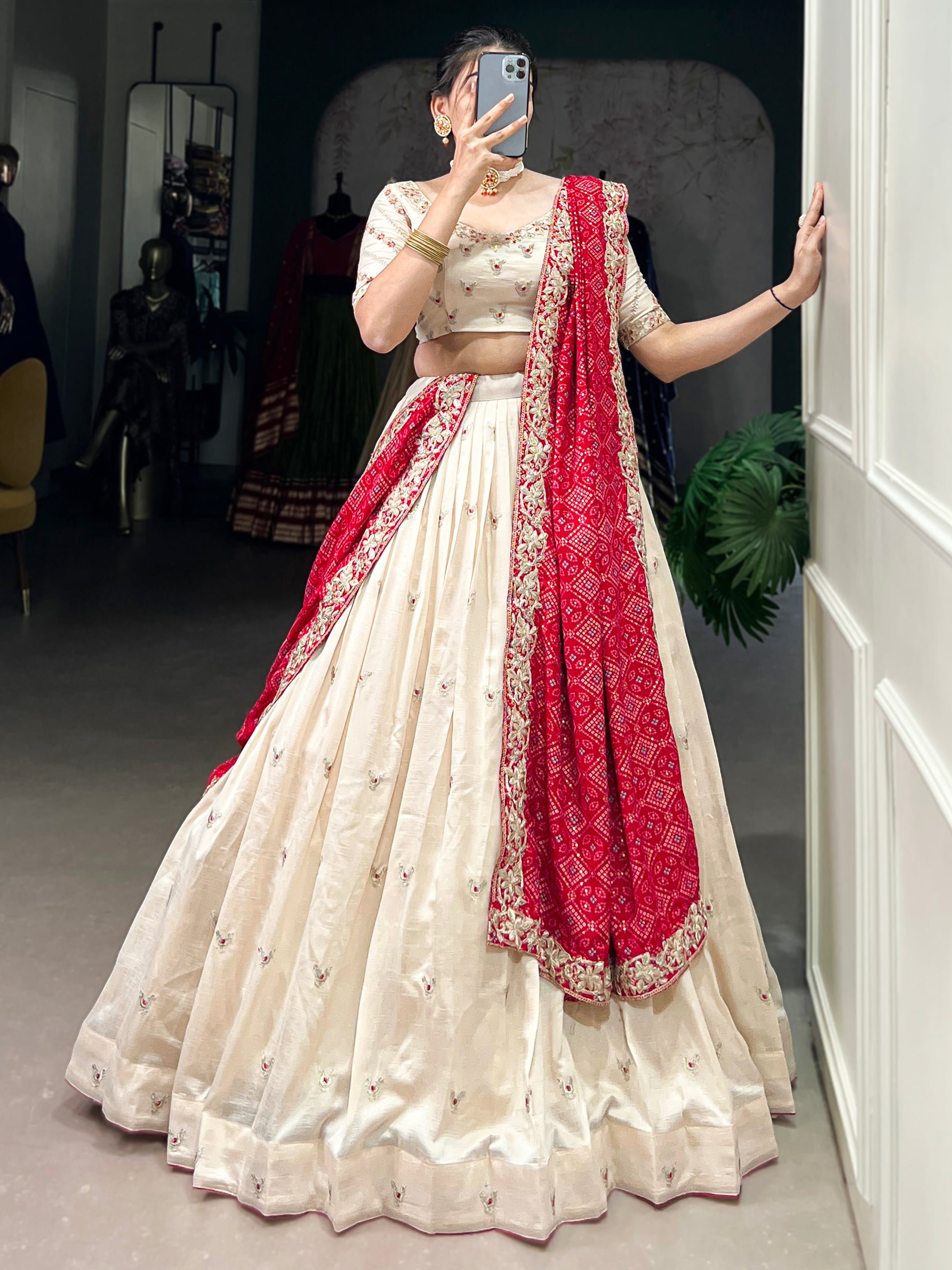 Beautiful Off-White Silk Wedding Lehenga Choli With Bandhani Dupatta