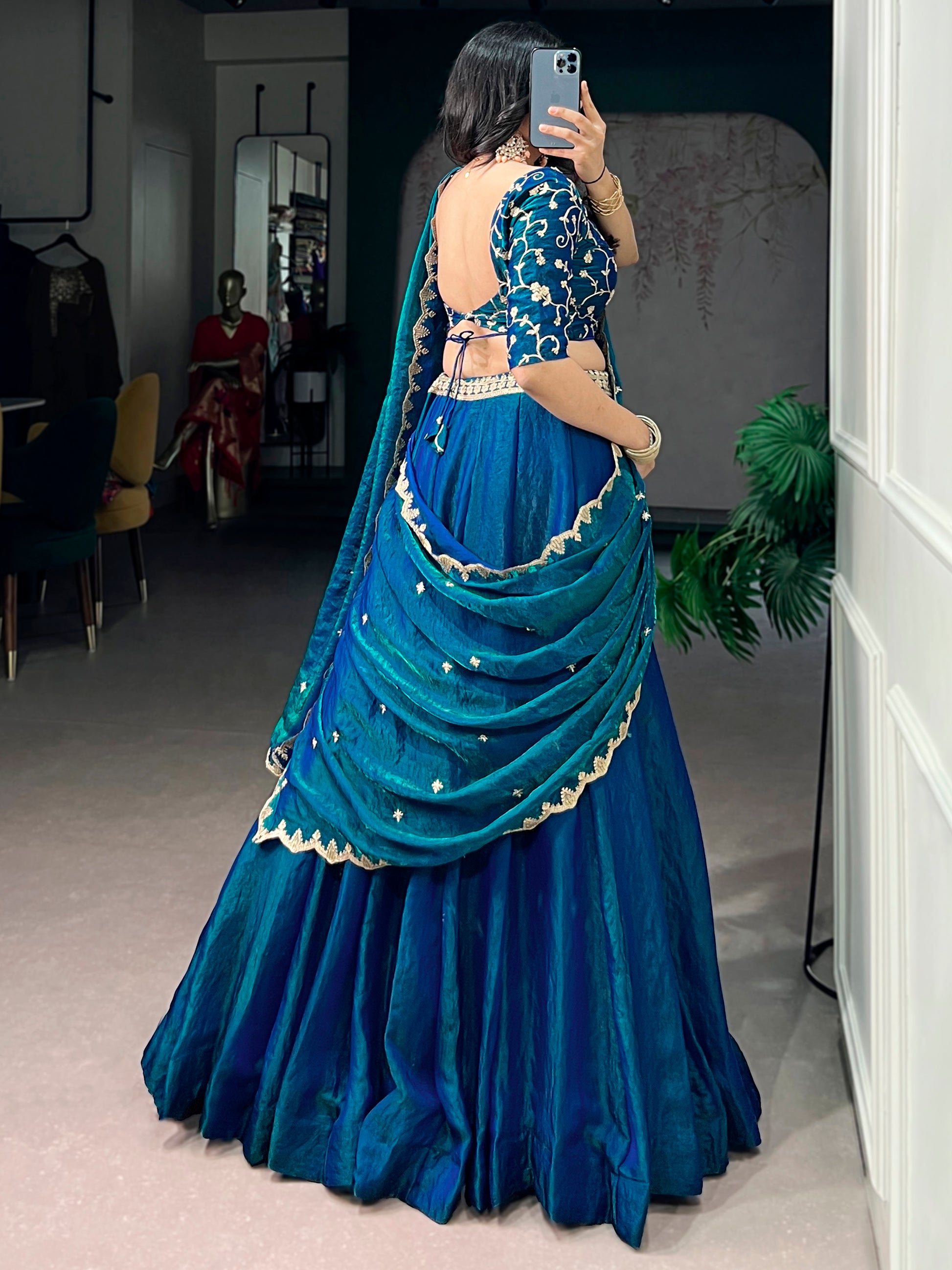 Spectacular Blue Sequins Silk Festival Wear Lehenga Choli with Dupatta