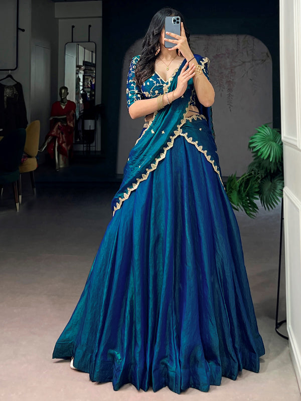 Spectacular Blue Sequins Silk Festival Wear Lehenga Choli With Dupatta
