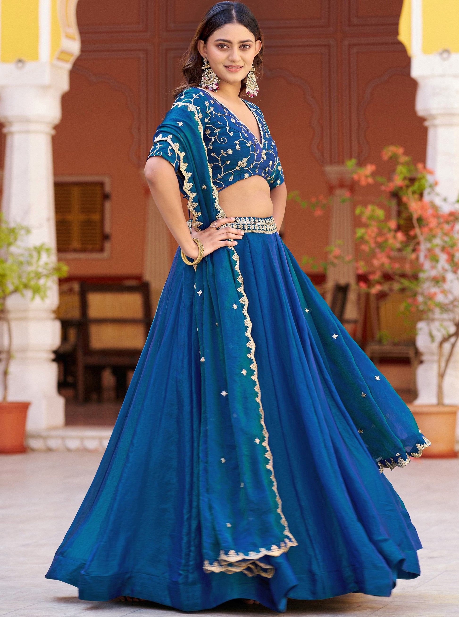 Wonderful Peacock Blue Sequins Work  Silk Function Wear Lehenga Choli with Dupatta