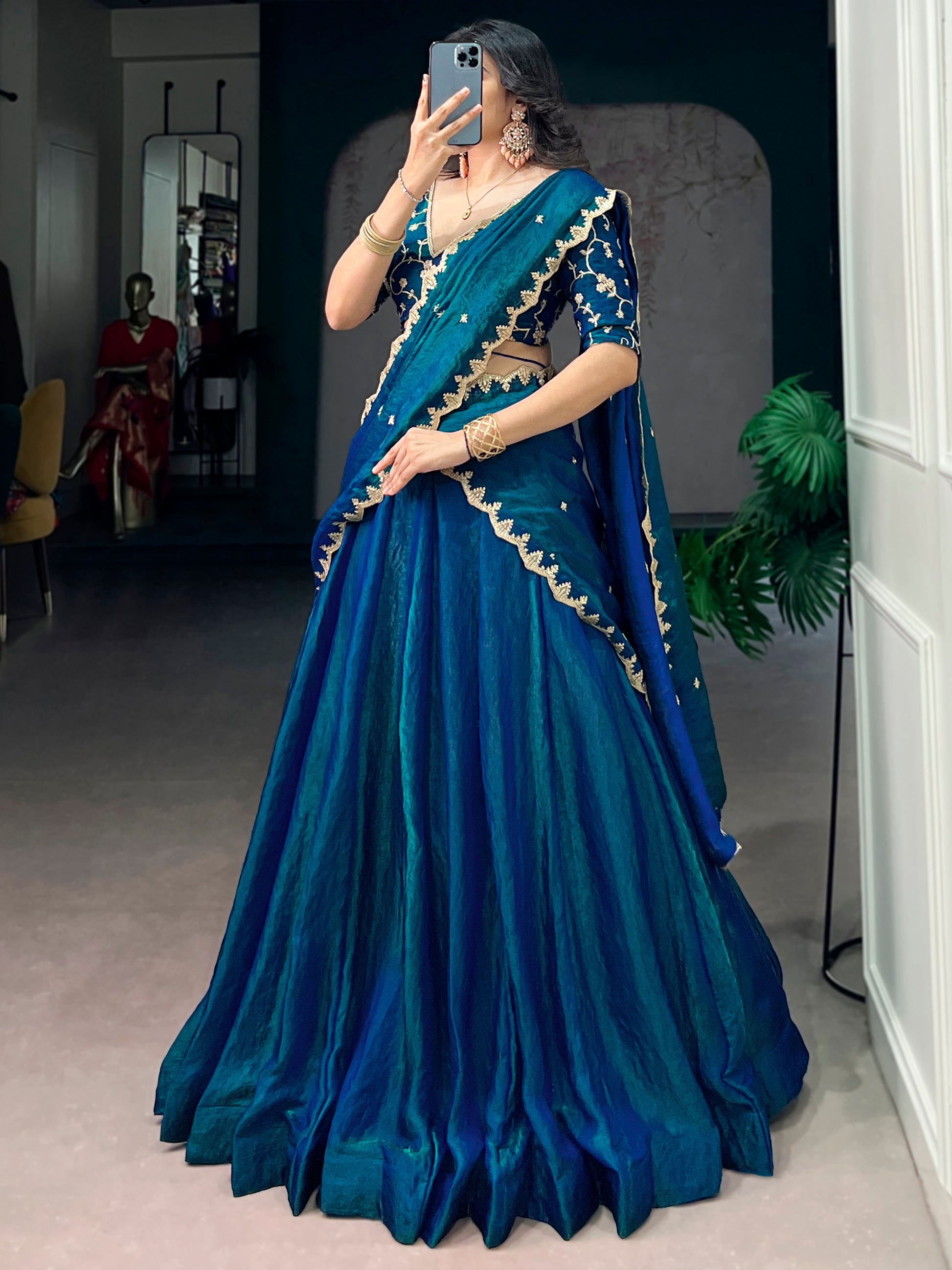Spectacular Blue Sequins Silk Festival Wear Lehenga Choli with Dupatta