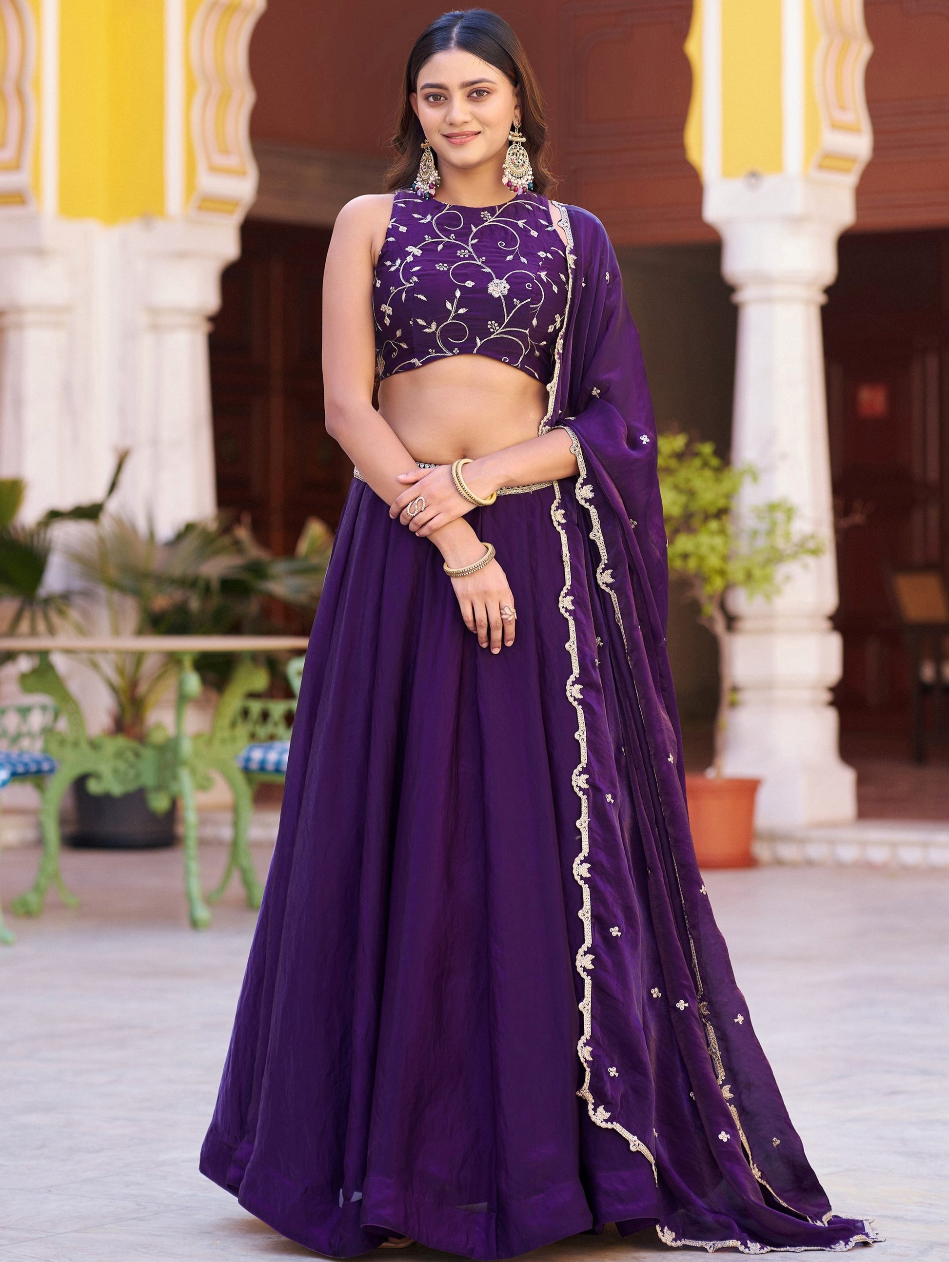 Outstanding Purple Sequins Work  Silk Function Wear Lehenga Choli with Dupatta