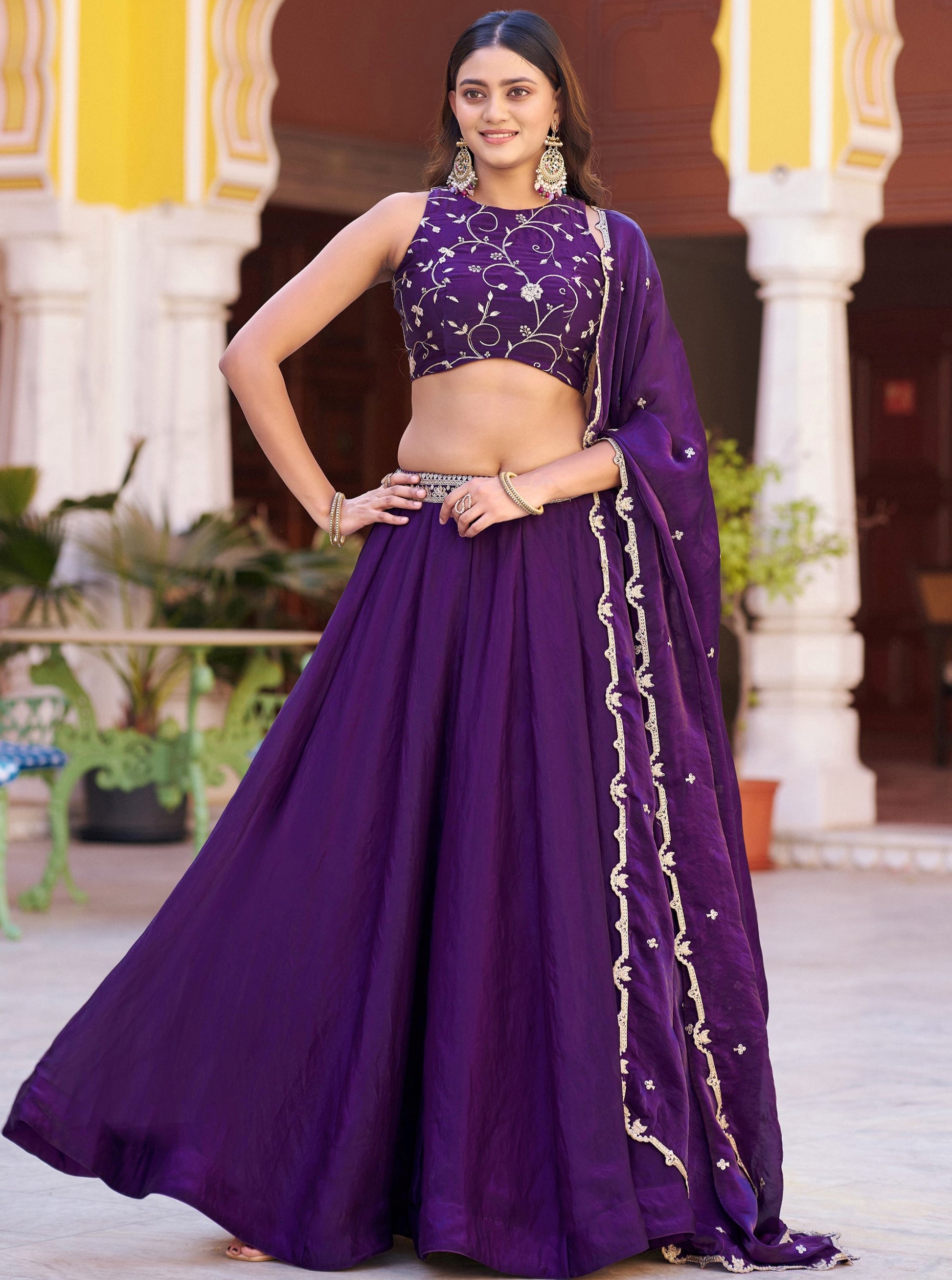 Outstanding Purple Sequins Work  Silk Function Wear Lehenga Choli with Dupatta