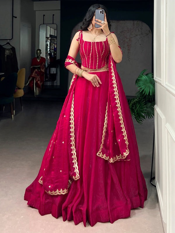 Sparkling Pink Sequins Silk Reception Wear Lehenga Choli With Dupatta