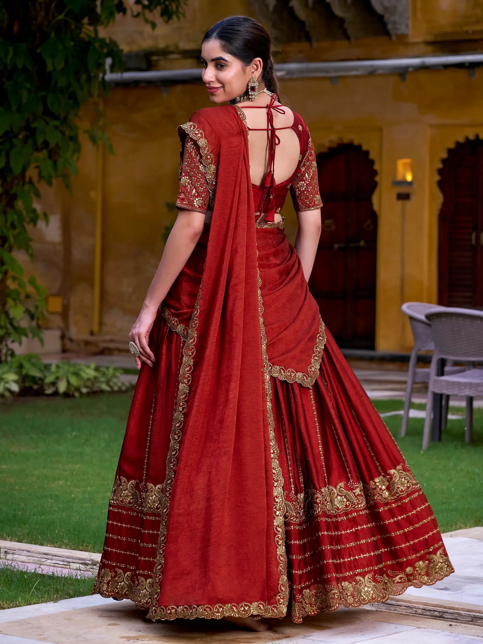 Excellent Rust Orange Sequins Silk Engagement Wear Lehenga Choli With Dupatta