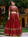 Excellent Rust Orange Sequins Silk Engagement Wear Lehenga Choli With Dupatta